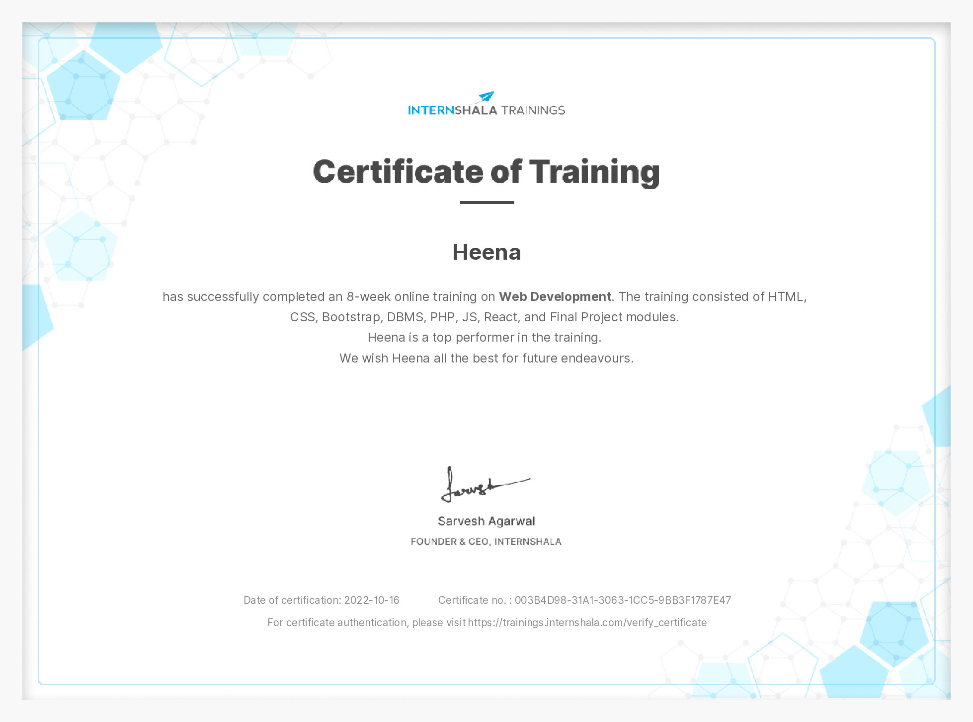 Certificate of completion