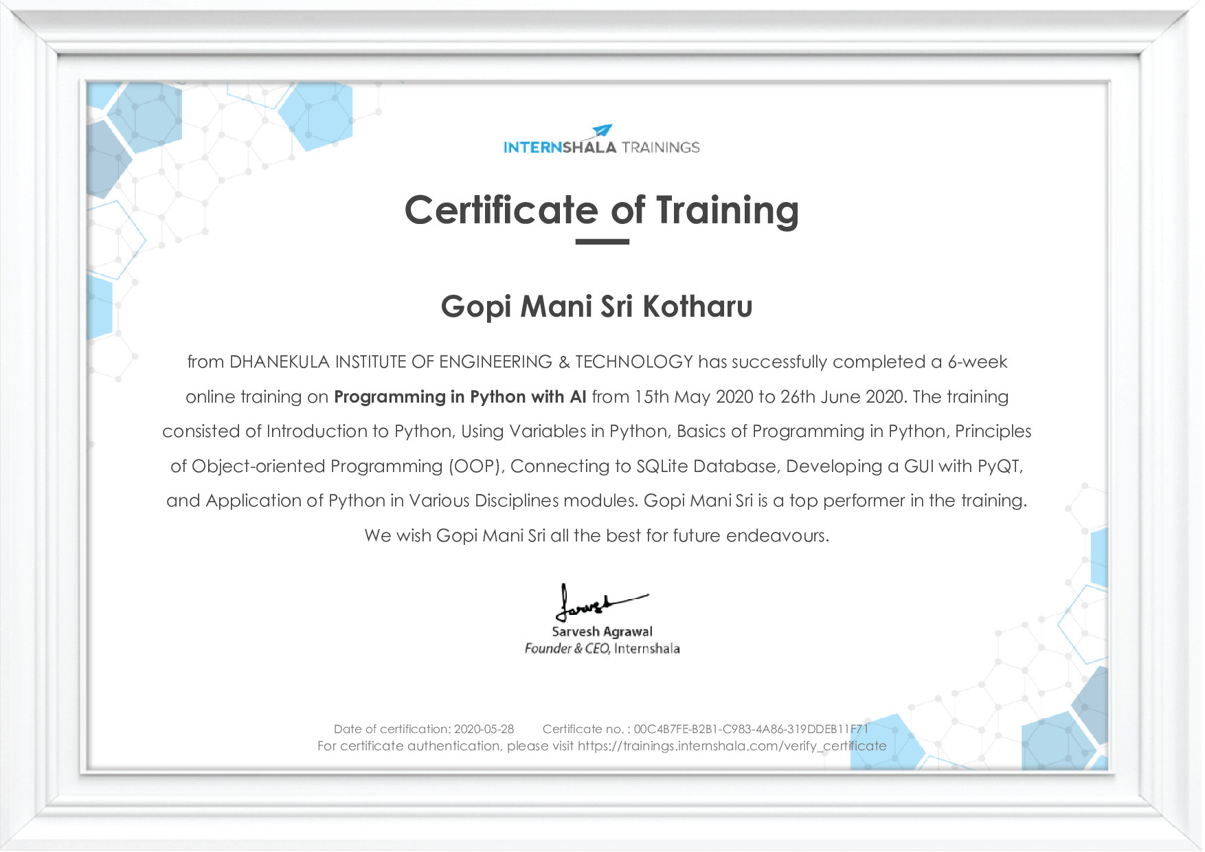 Certificate of completion