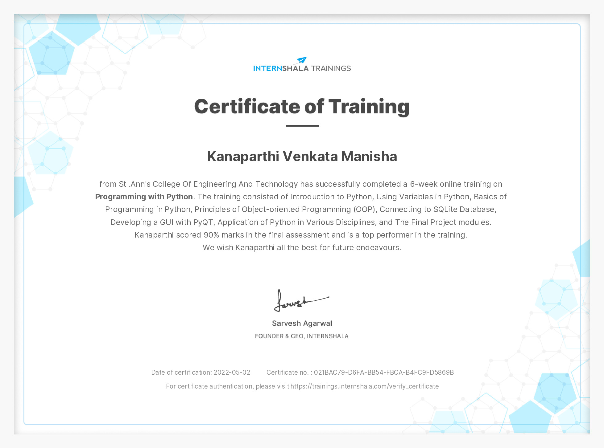 Certificate of completion