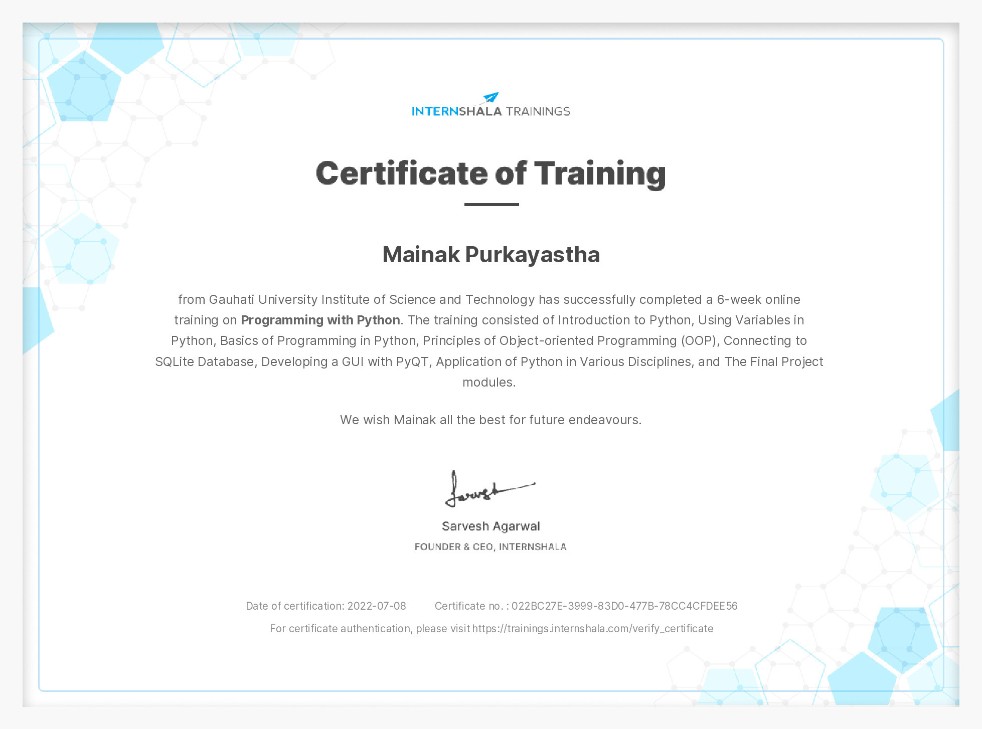 Certificate of completion