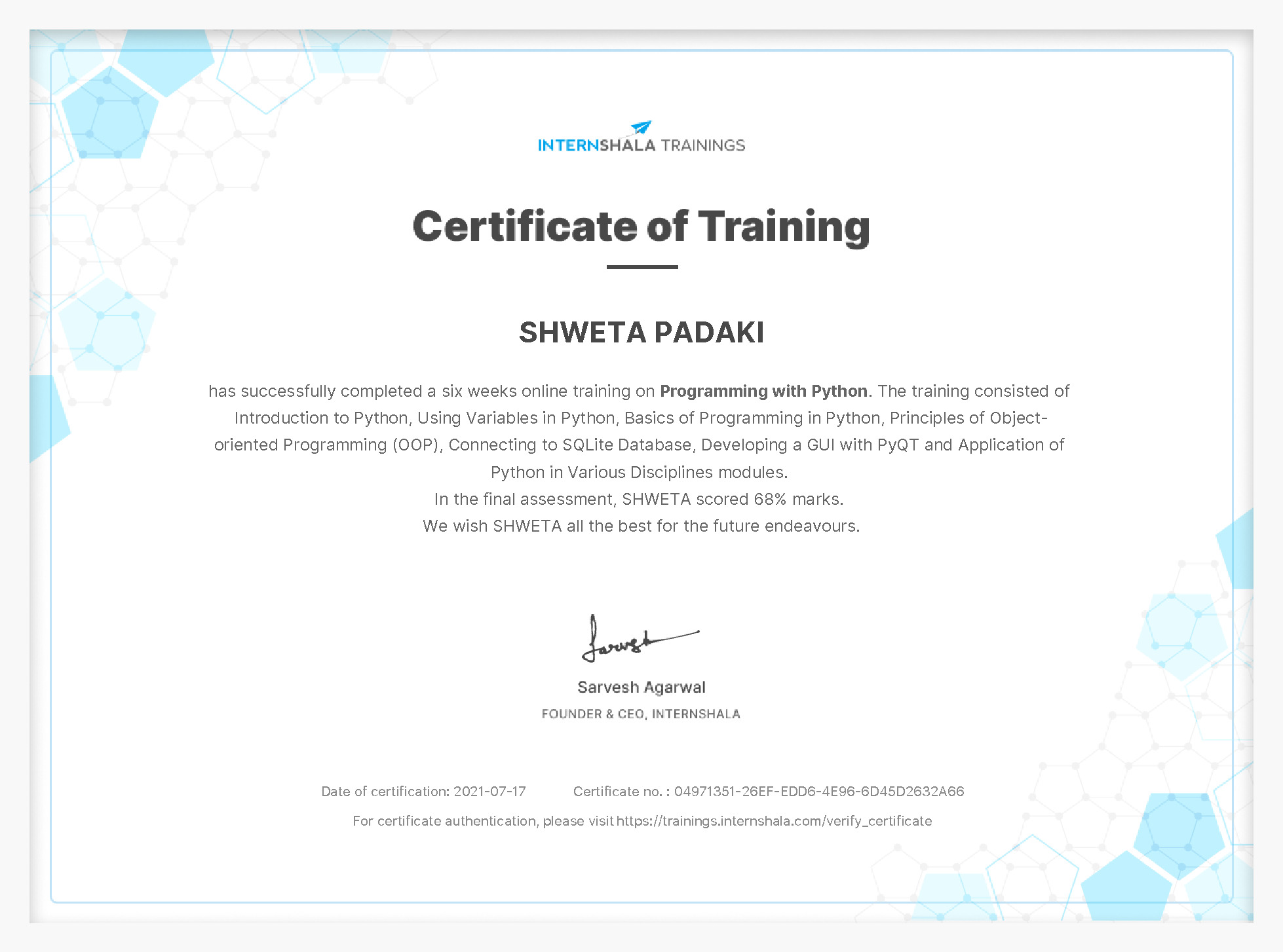 Certificate of completion