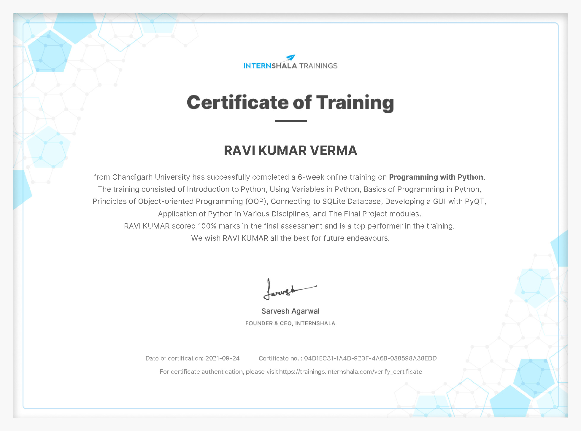 Certificate of completion