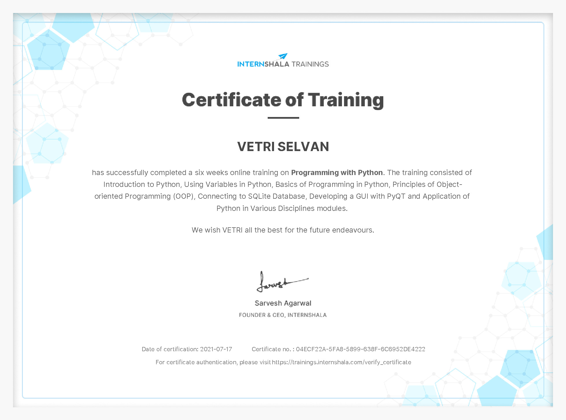 Certificate of completion