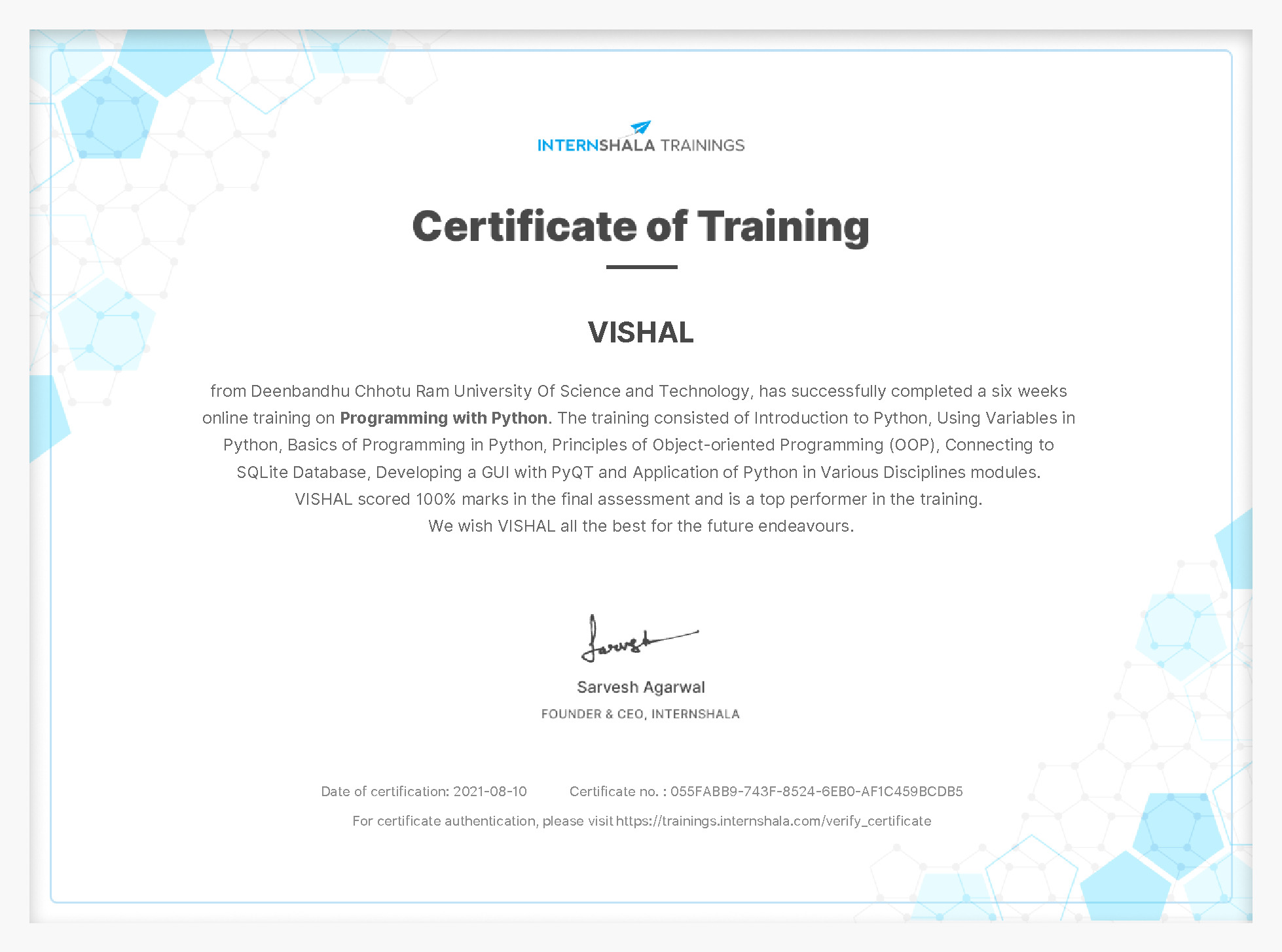 Certificate of completion