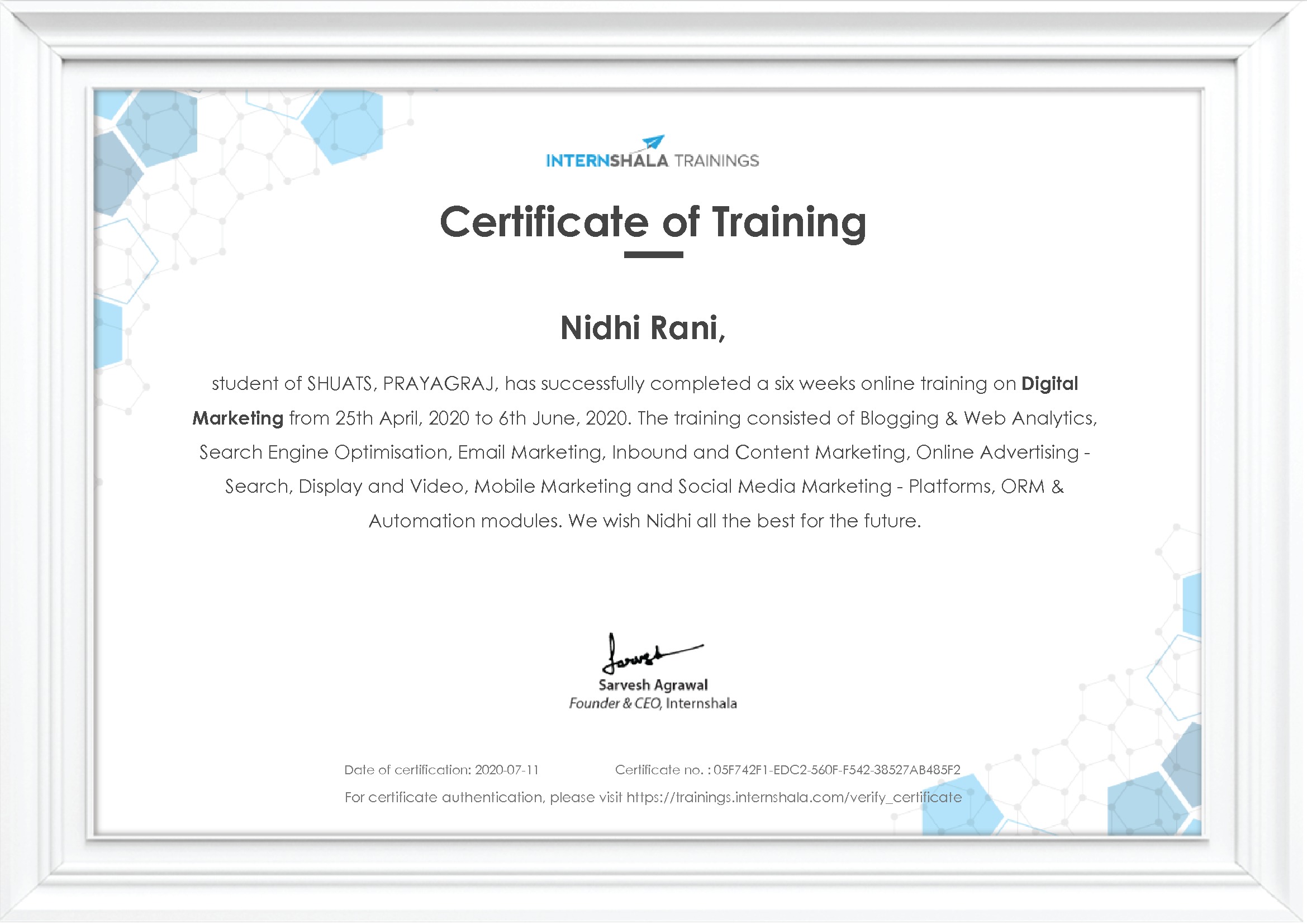 Certificate of completion