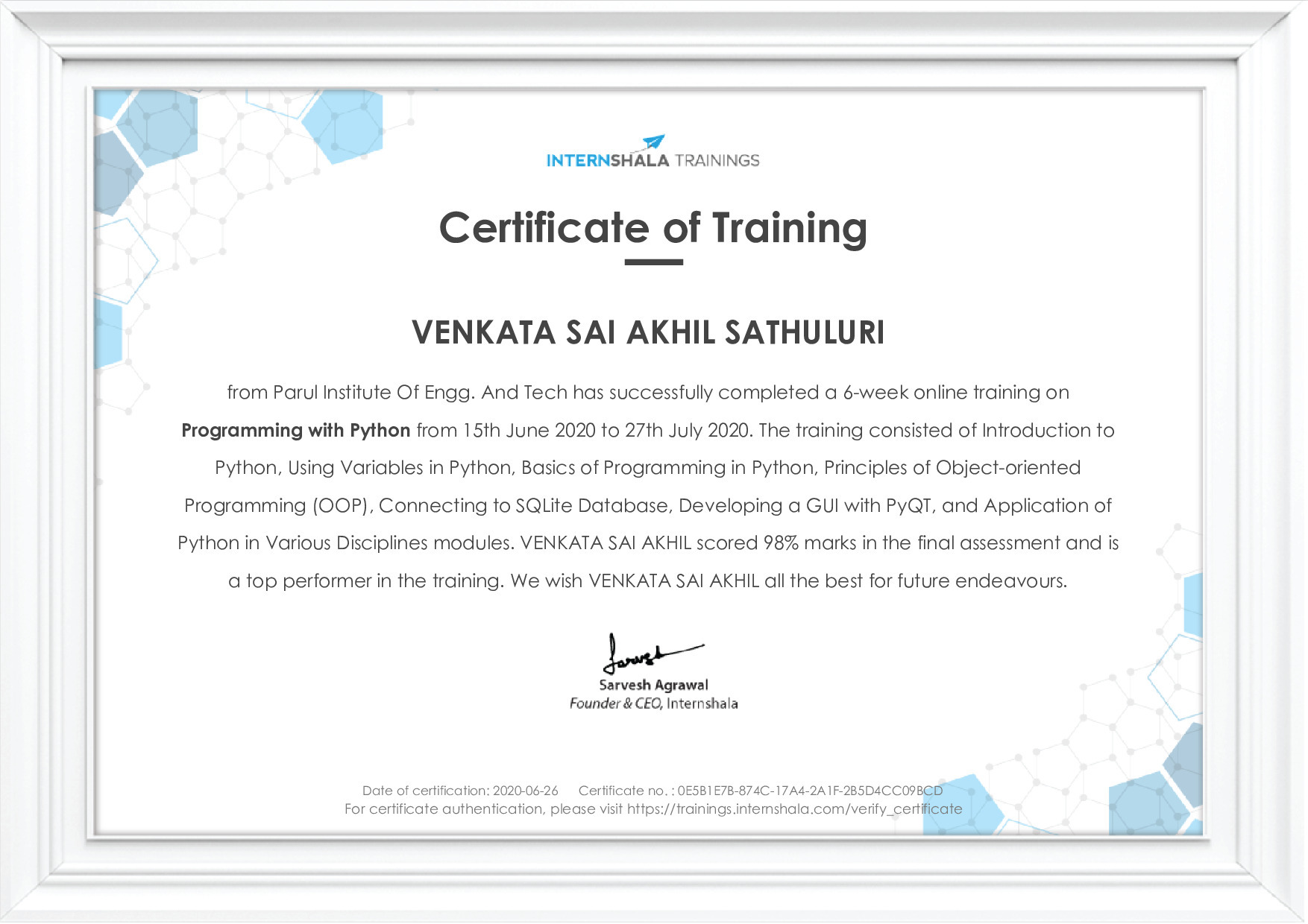 Certificate of completion