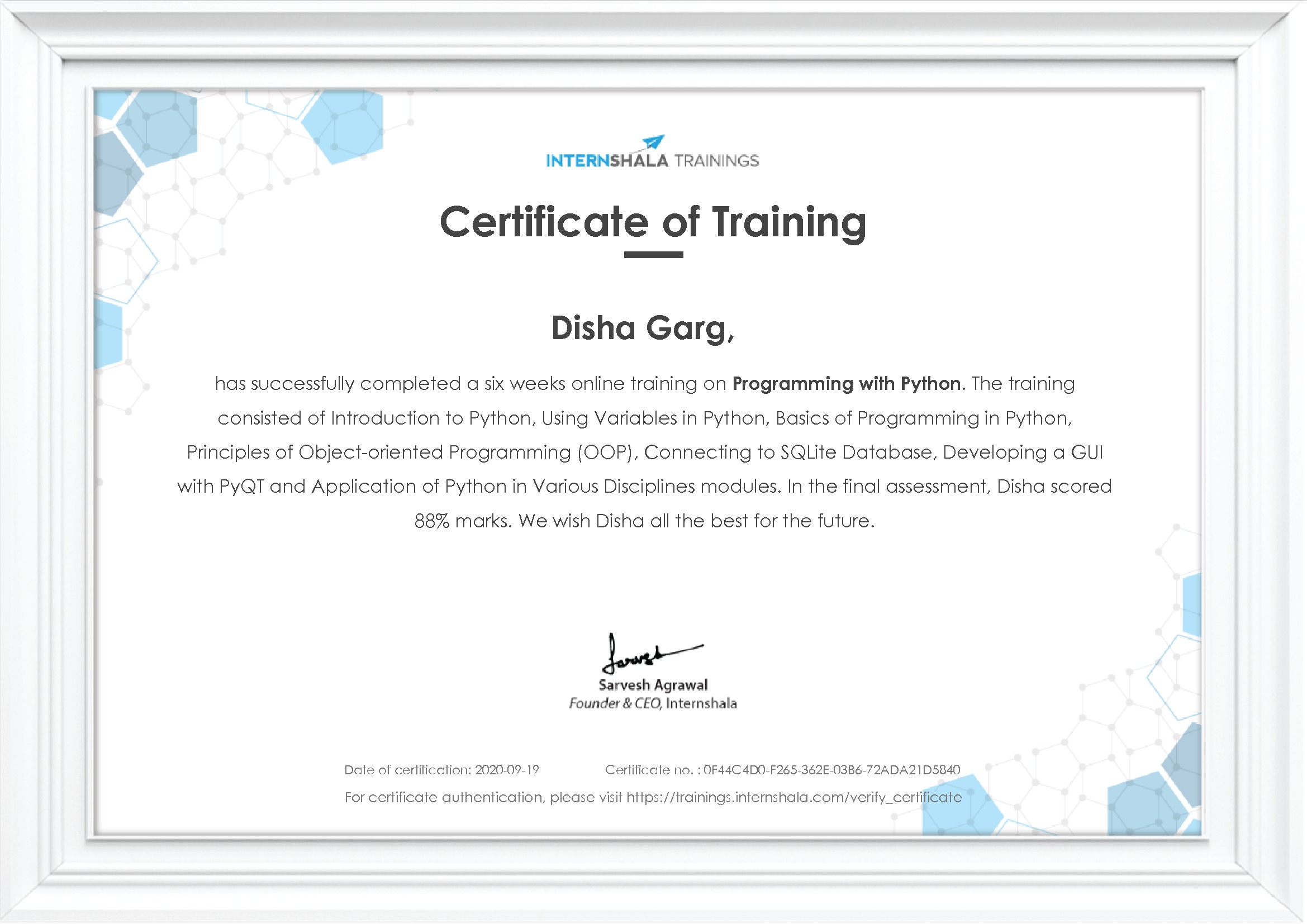 Certificate of completion