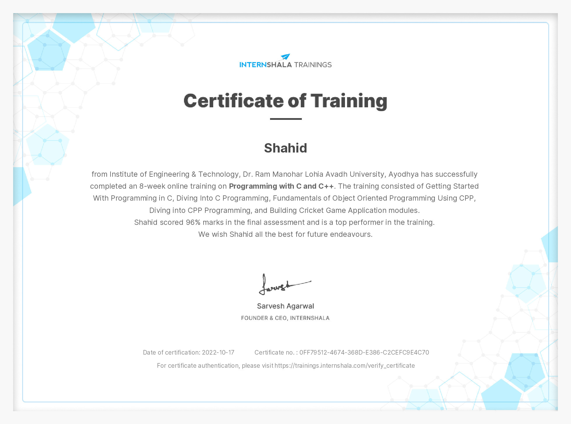 Certificate of completion
