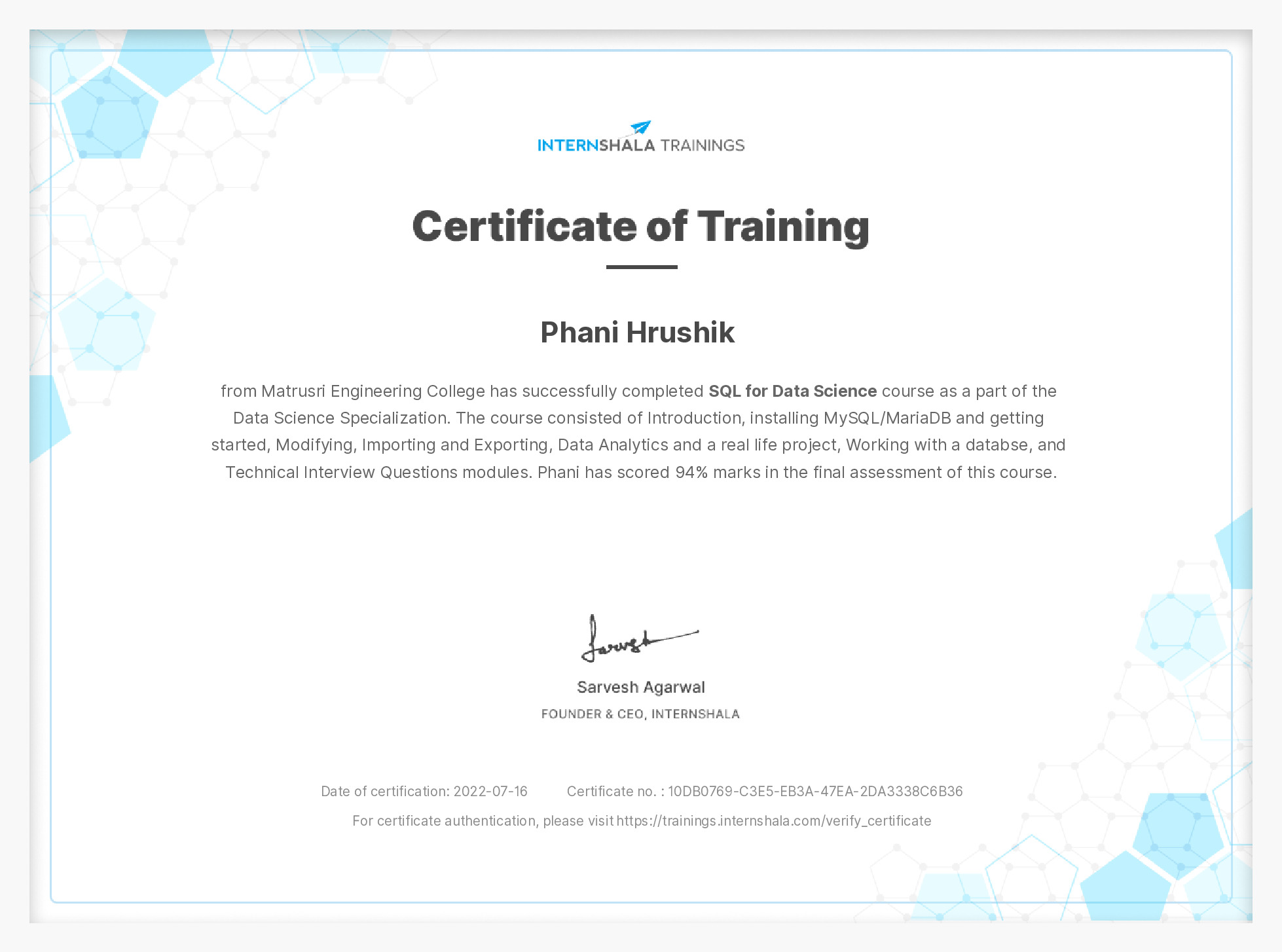 Certificate of completion