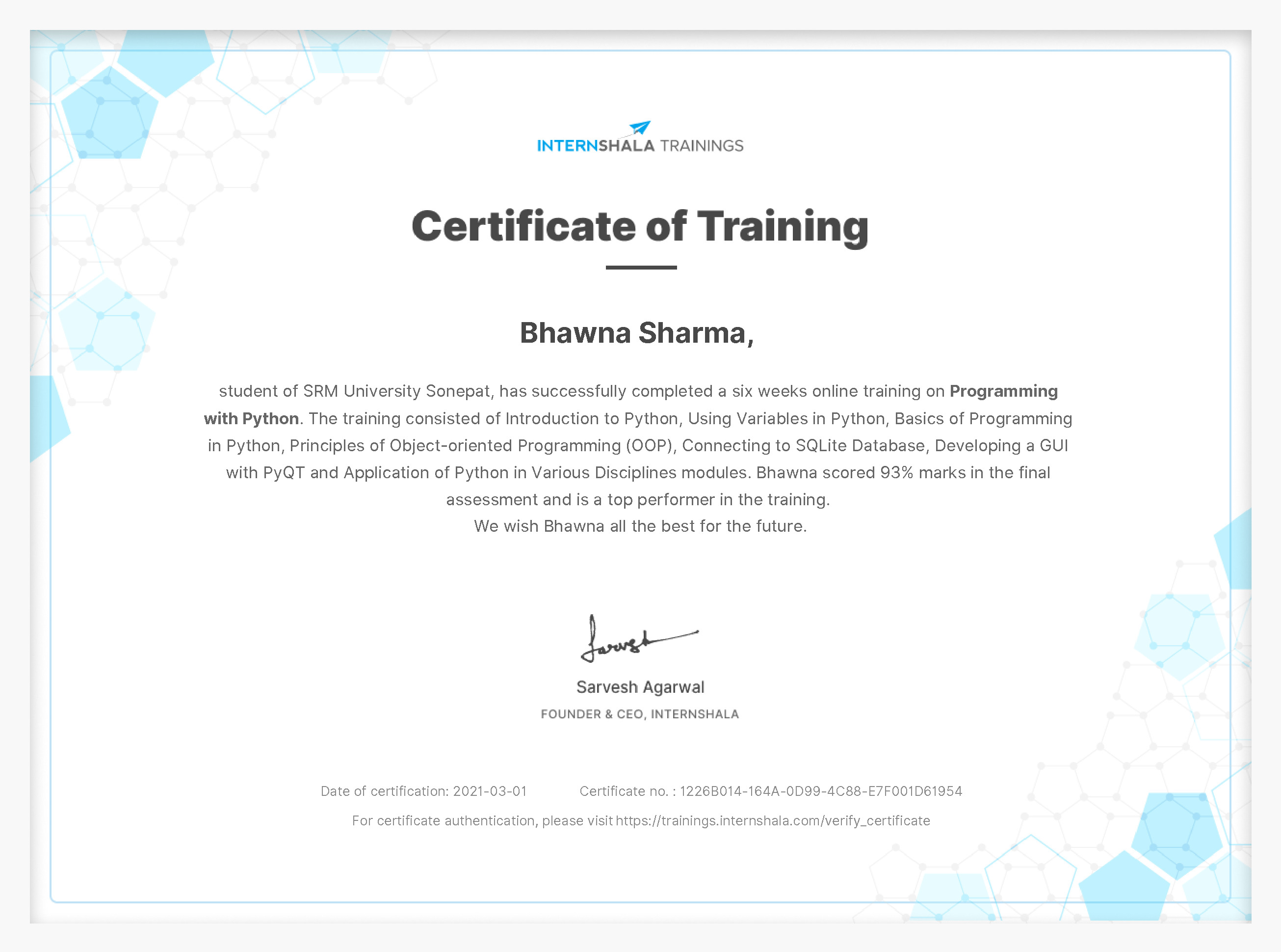 Certificate of completion
