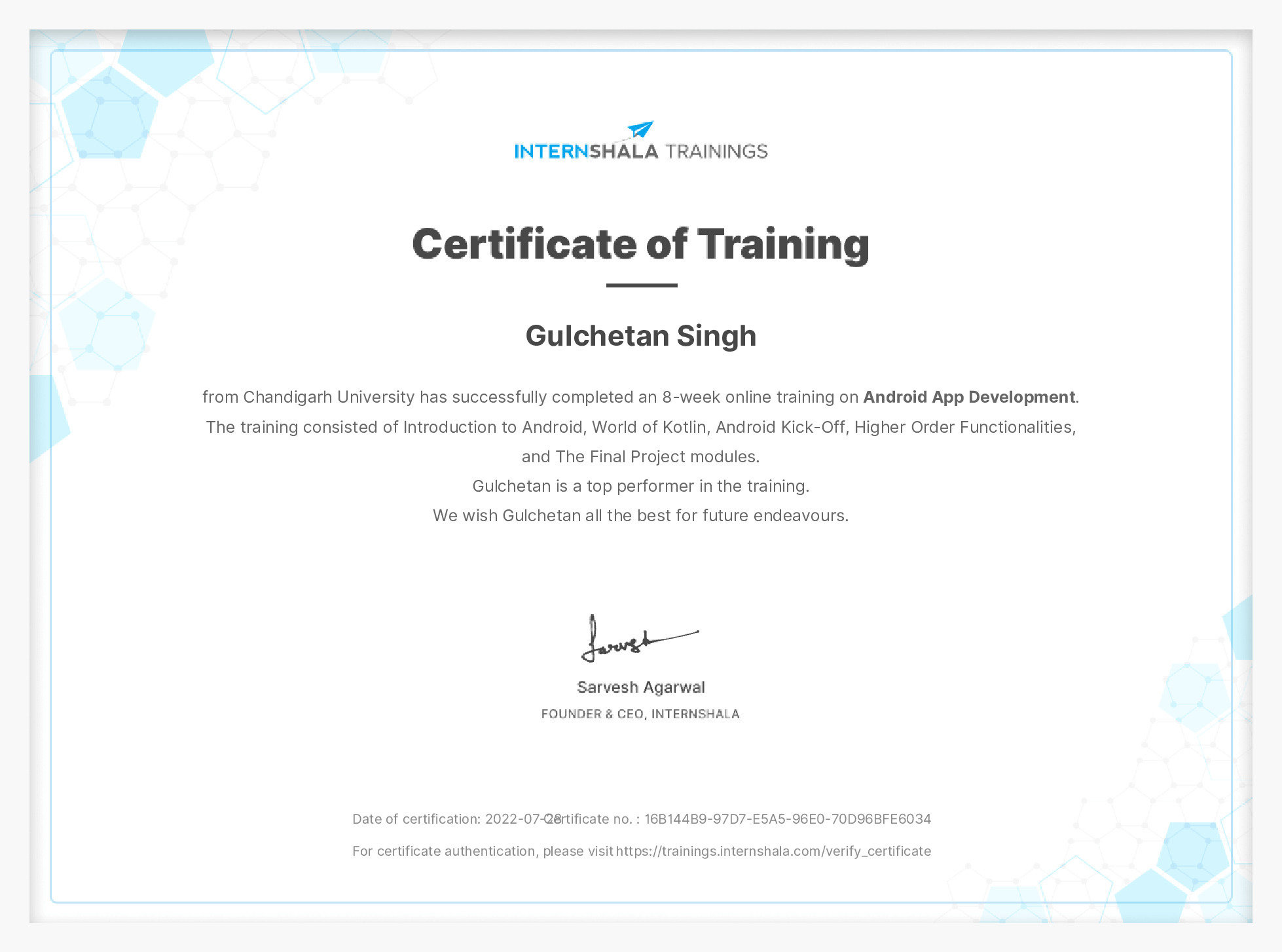 Certificate of completion