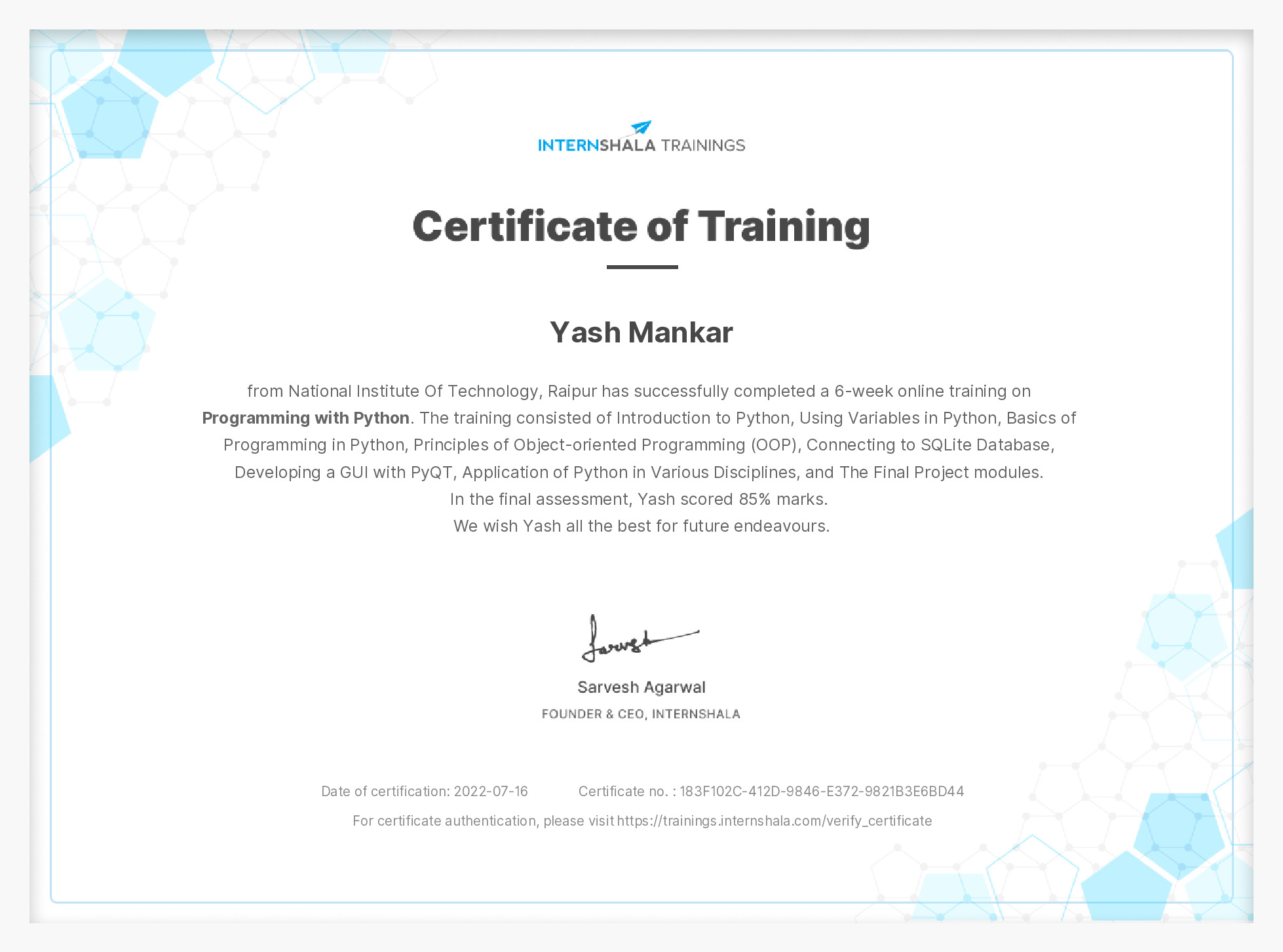 Certificate of completion