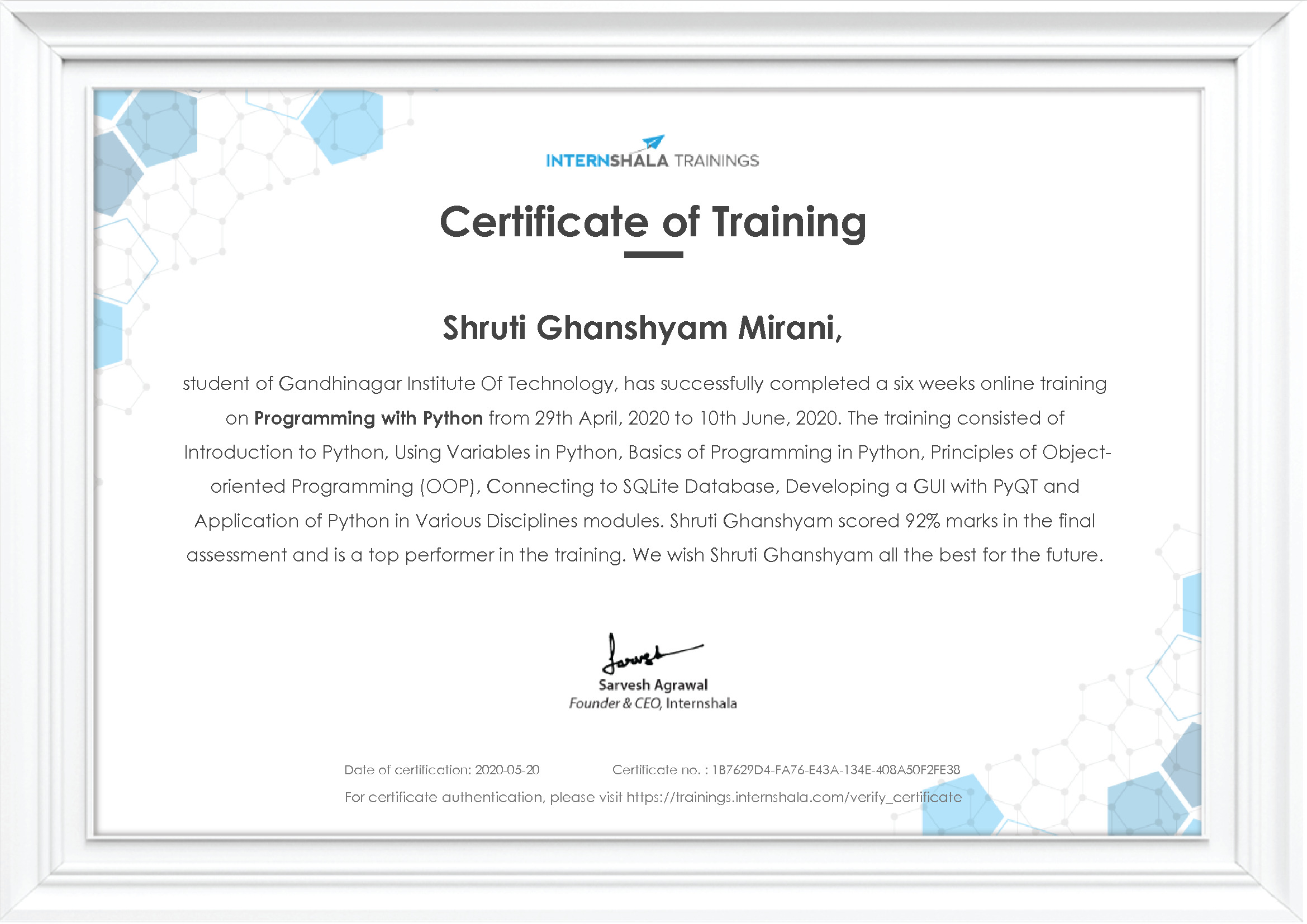 Certificate of completion