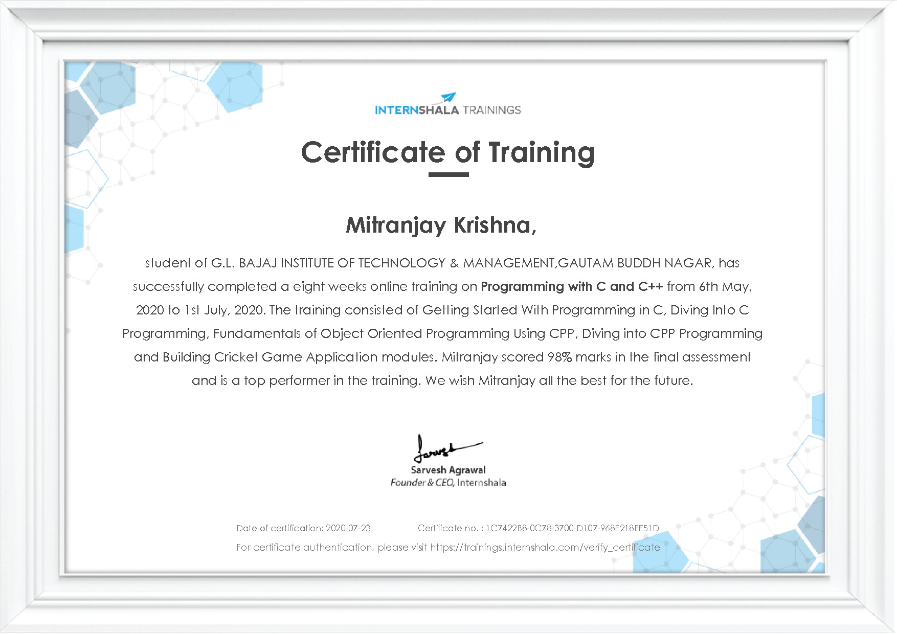 Certificate of completion