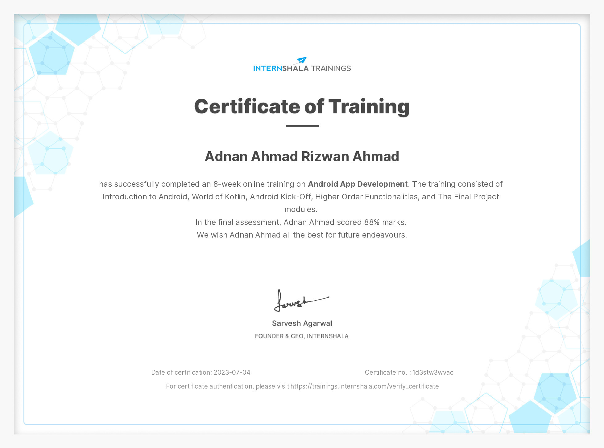 Certificate of completion