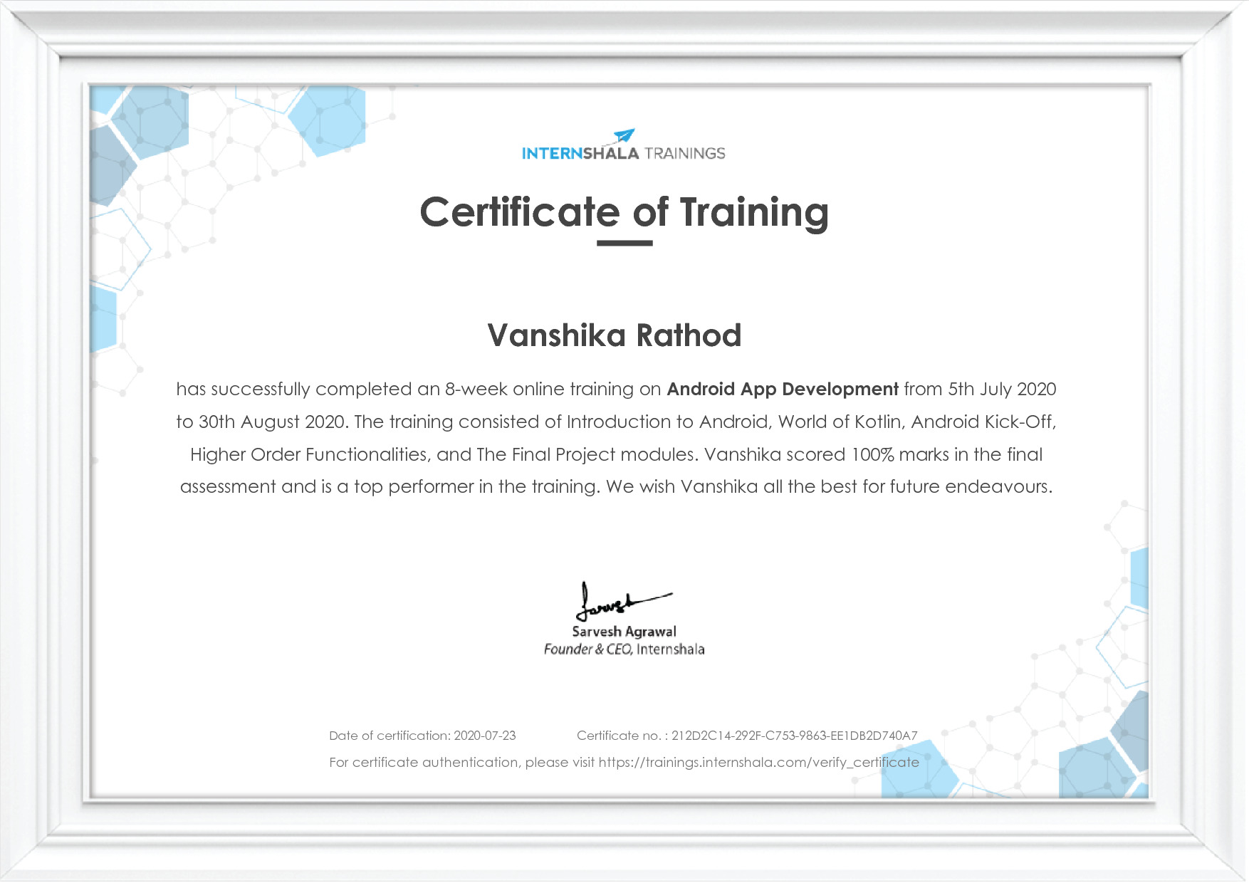 Certificate of completion