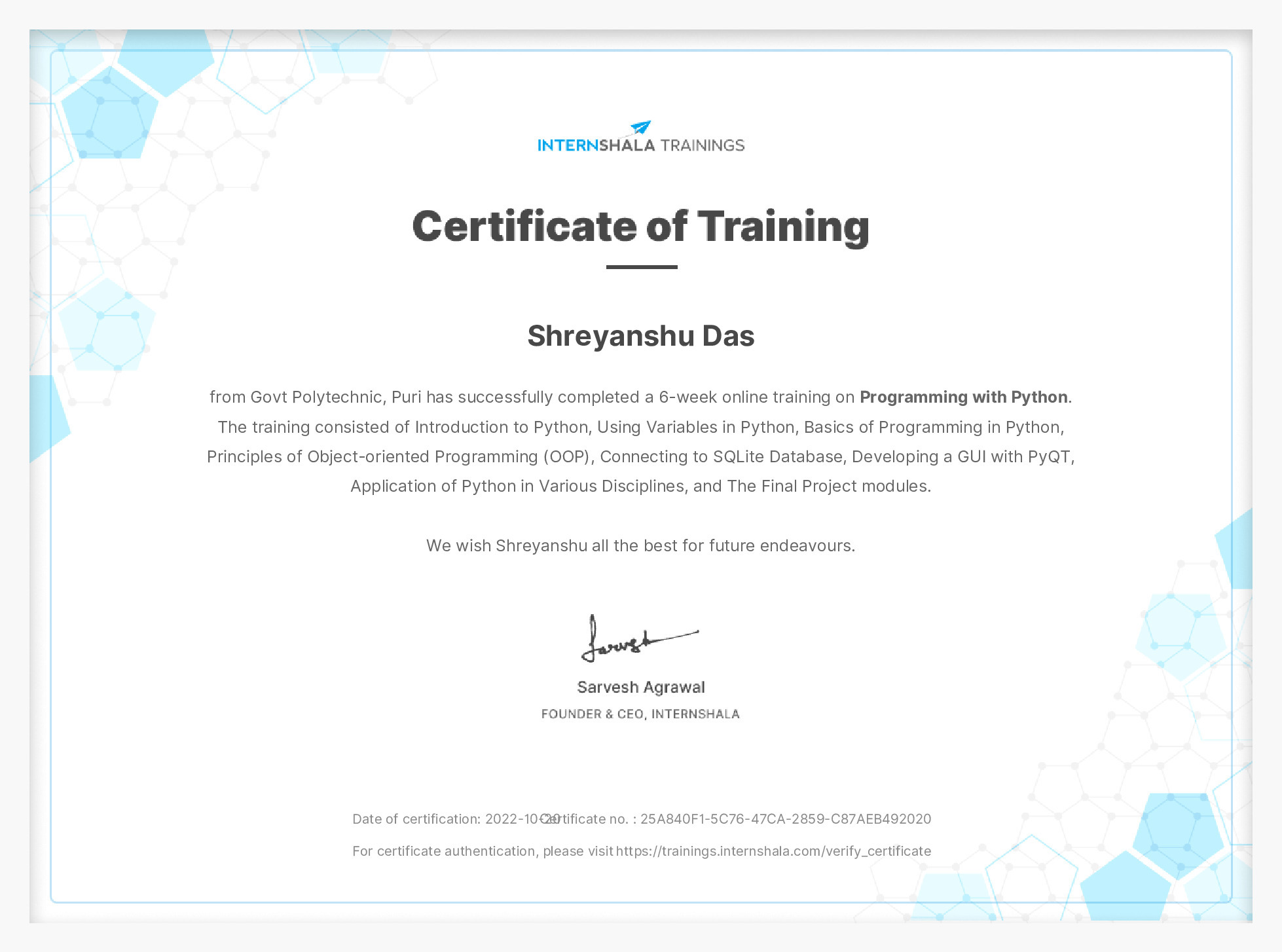 Certificate of completion