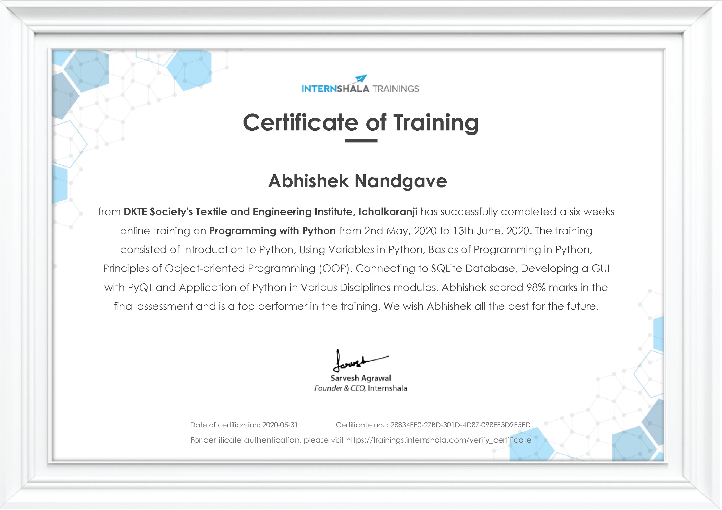 Certificate of completion