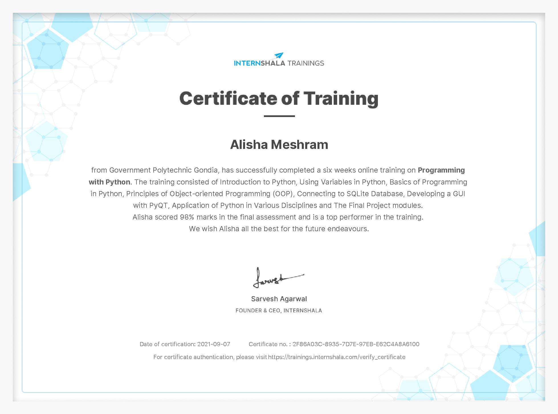 Certificate of completion