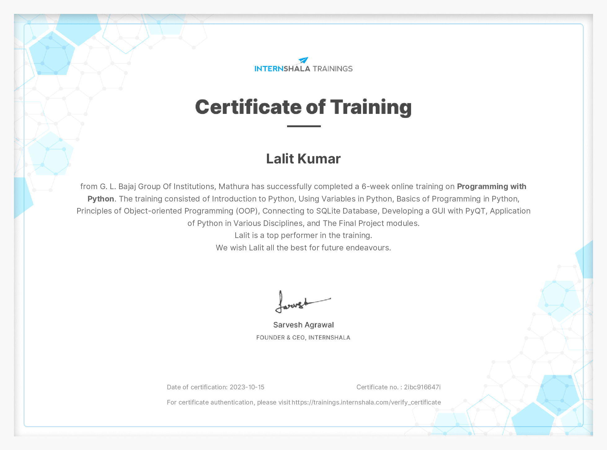 Certificate of completion