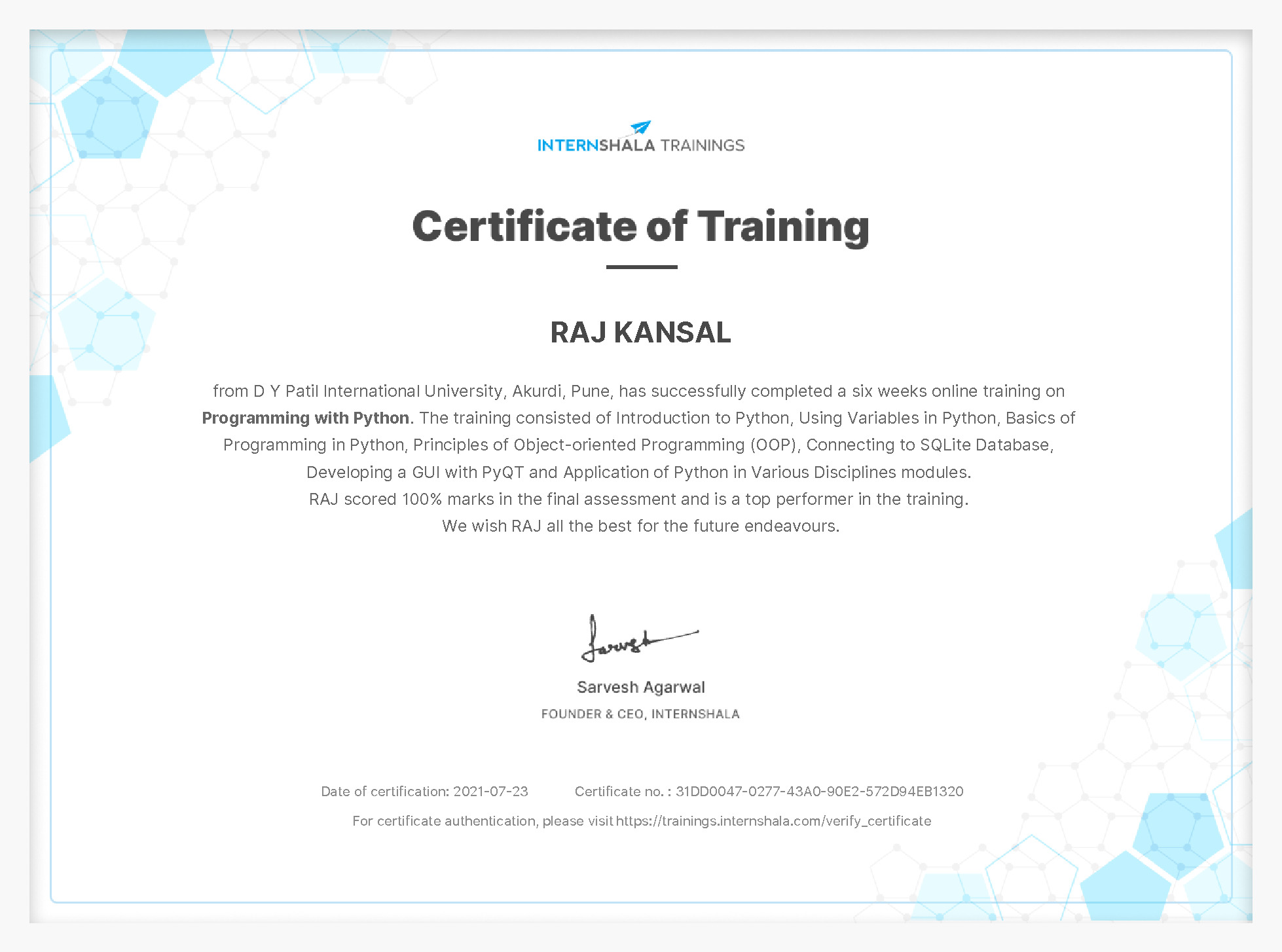 Certificate of completion