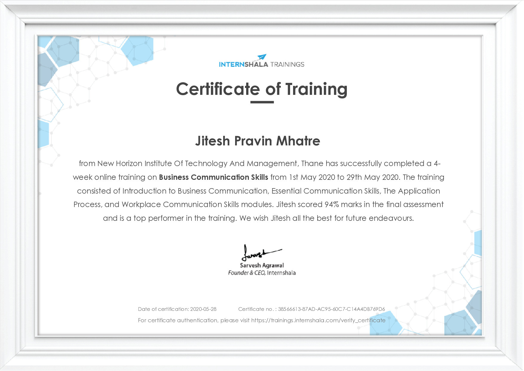 Certificate of completion