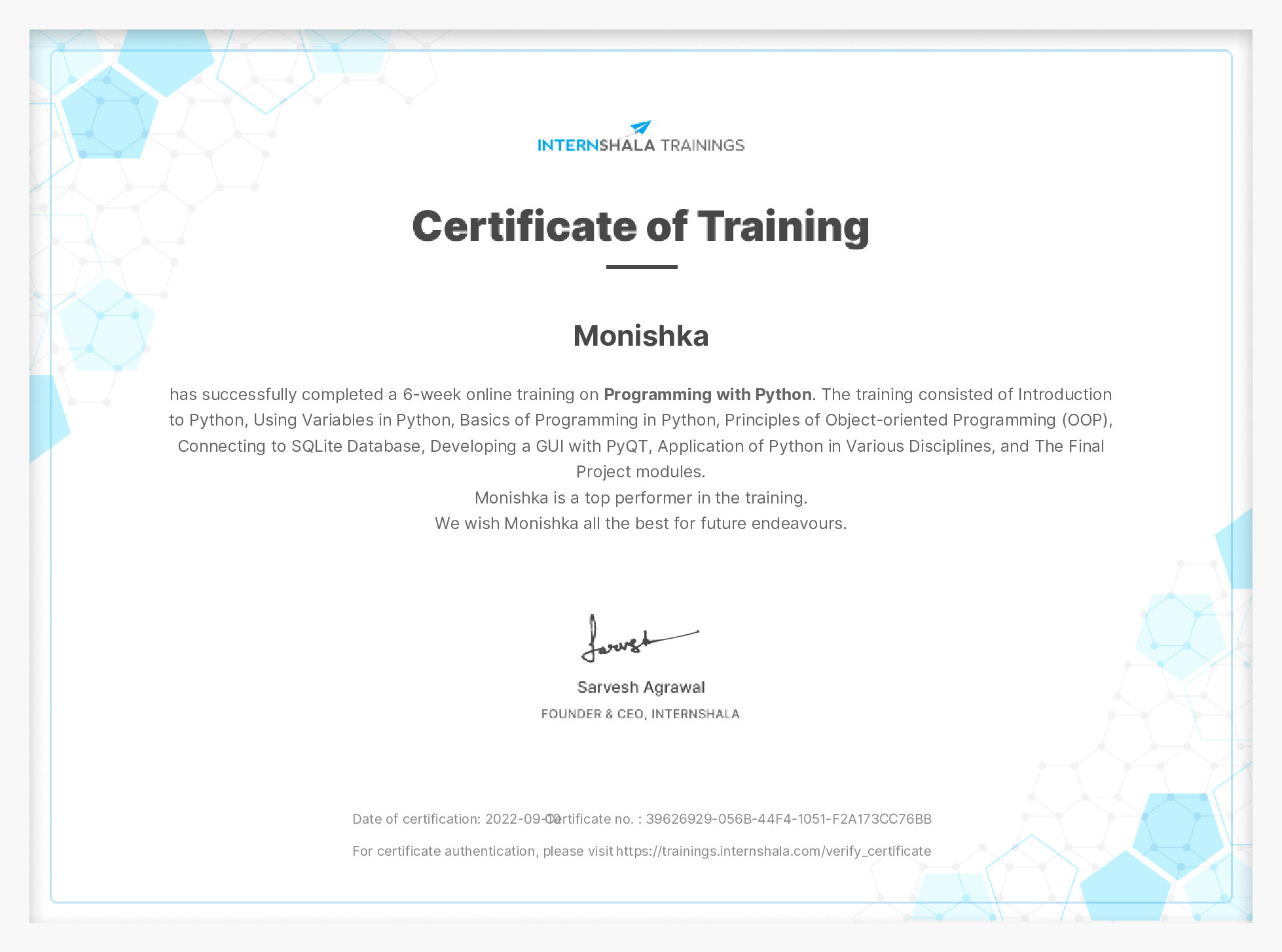 Certificate of completion