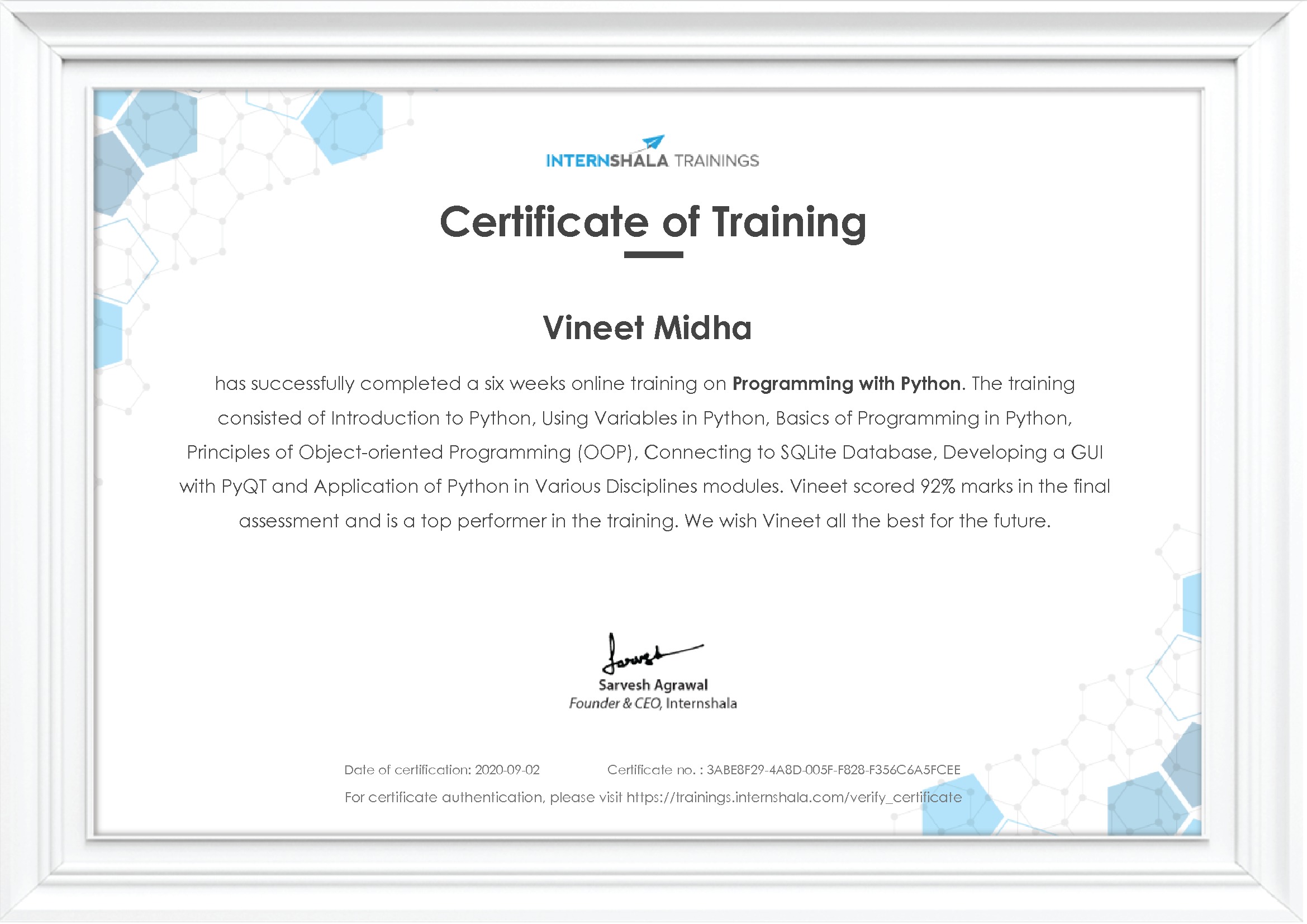 Certificate of completion