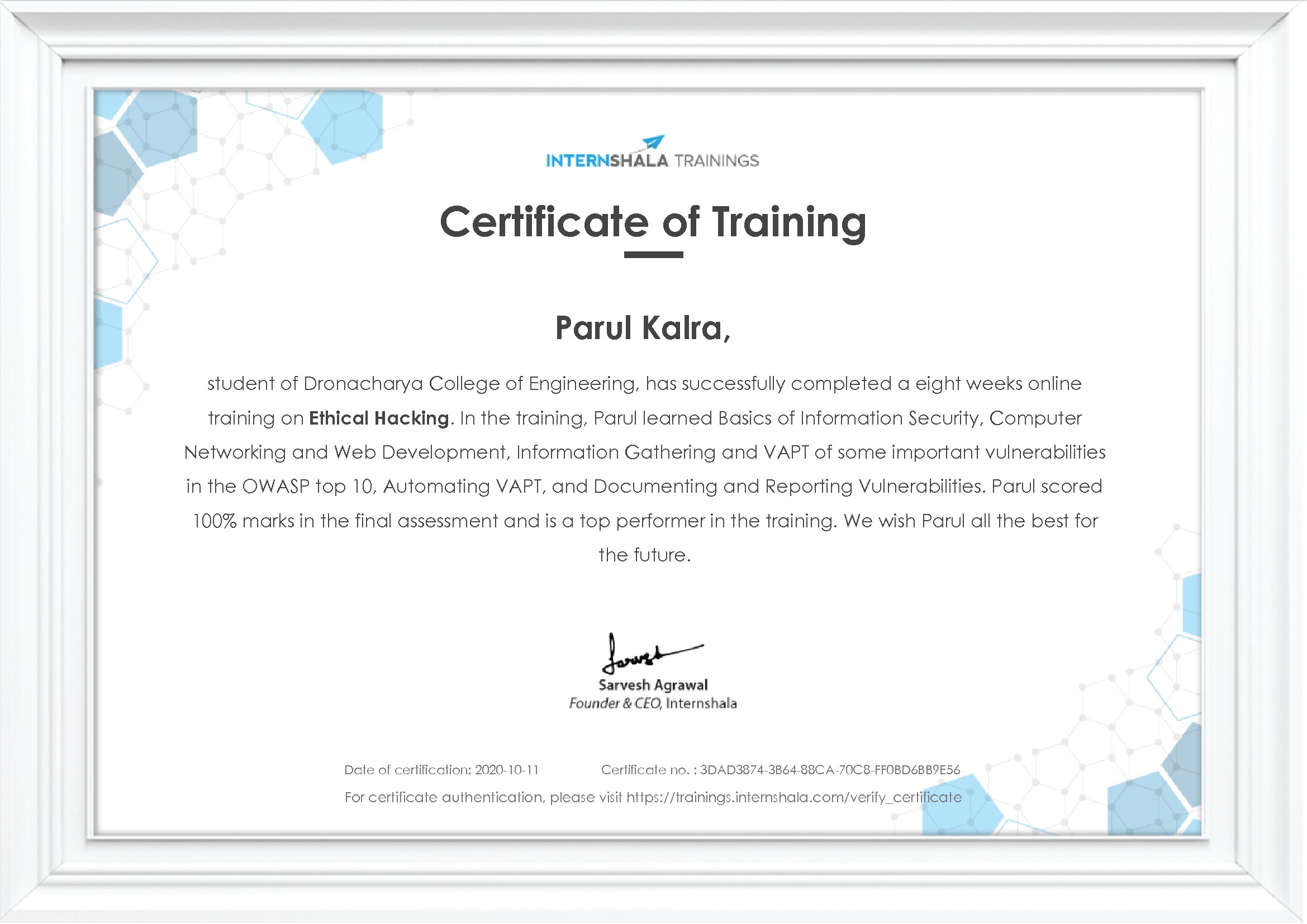 Certificate of completion