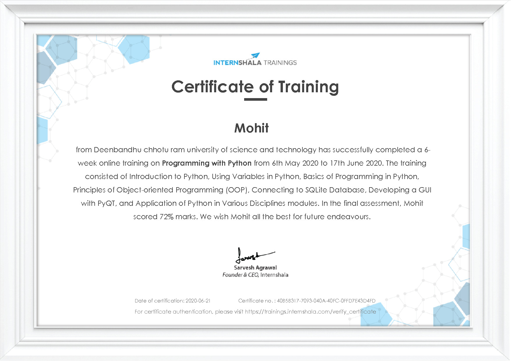 Certificate of completion