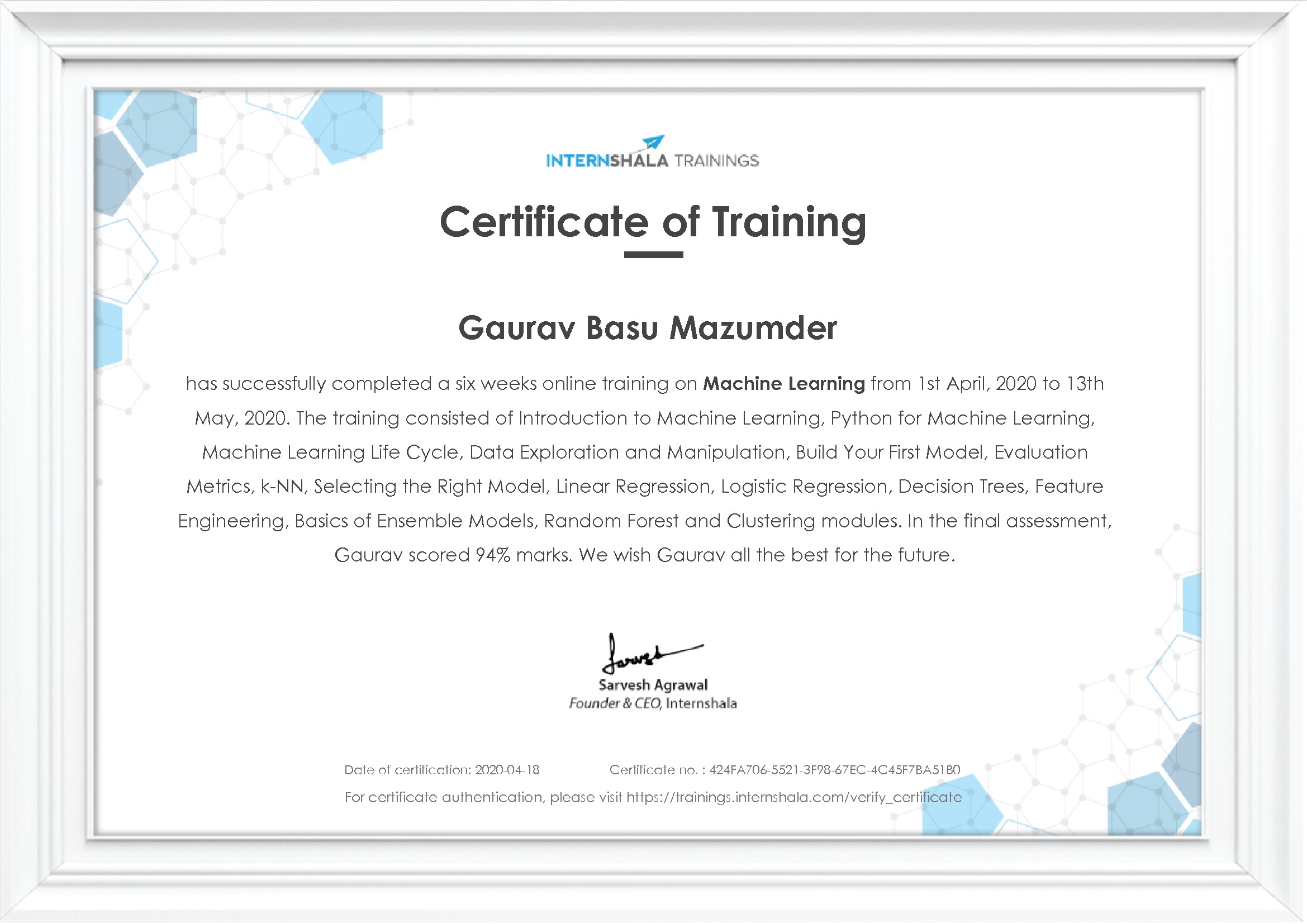 Certificate of completion