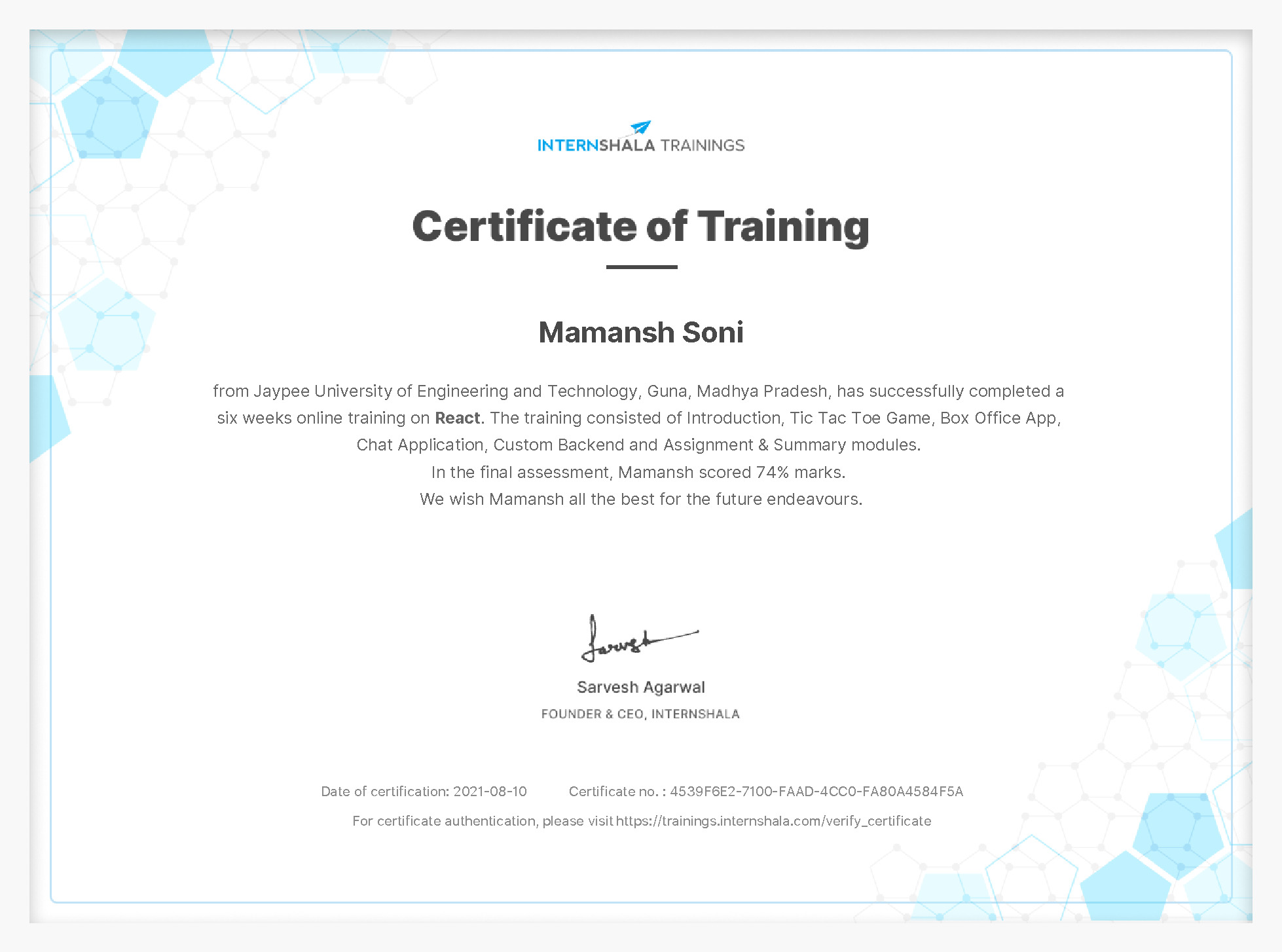Certificate of completion