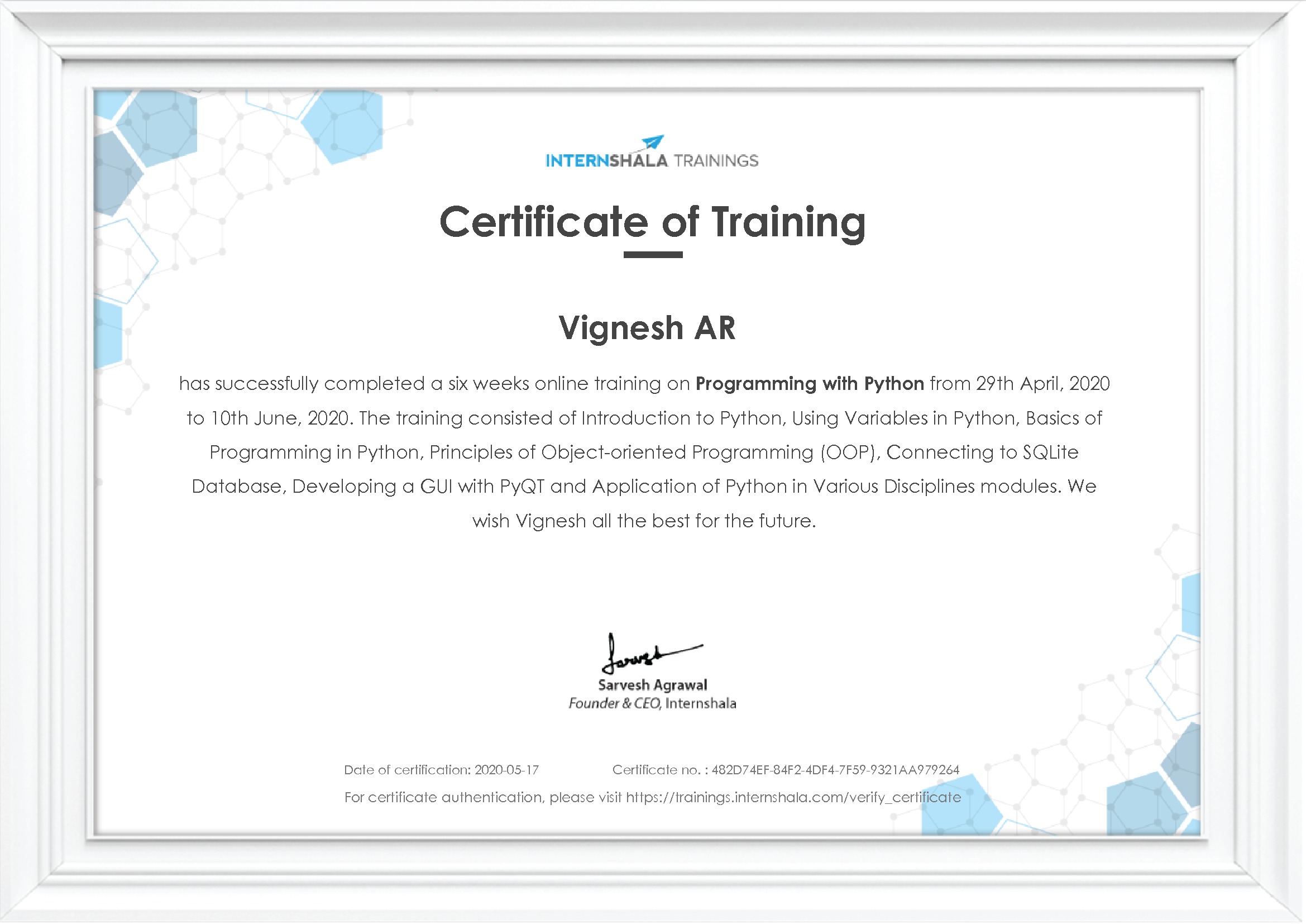 Certificate of completion