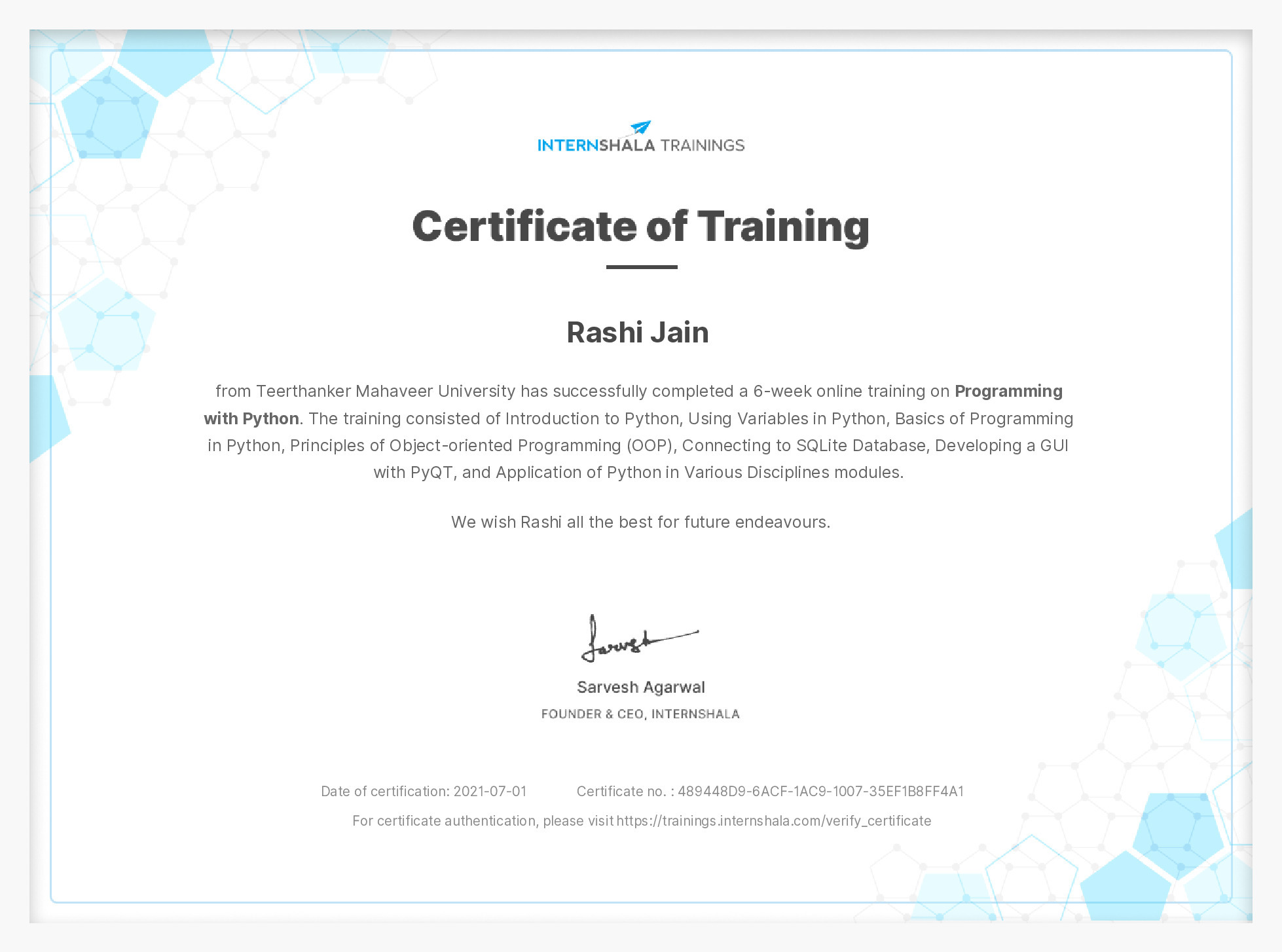 Certificate of completion
