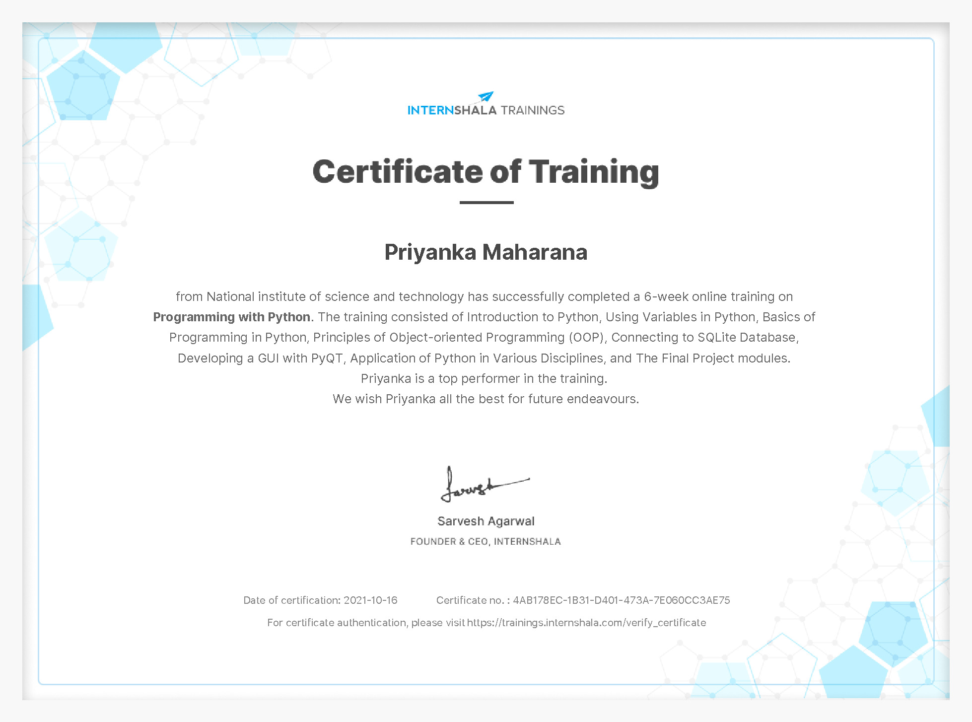 Certificate of completion