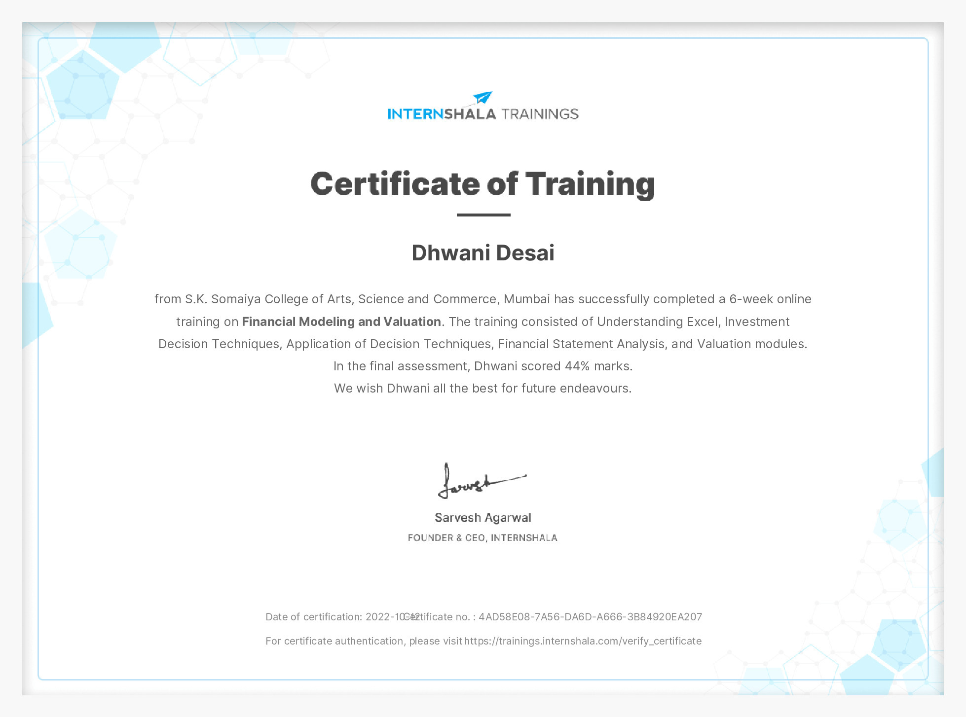 Certificate of completion