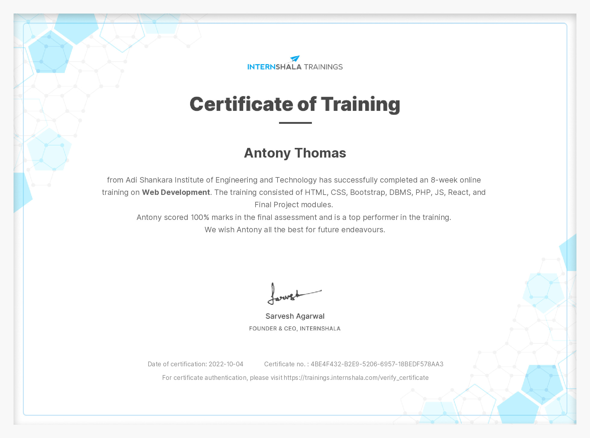 Certificate of completion