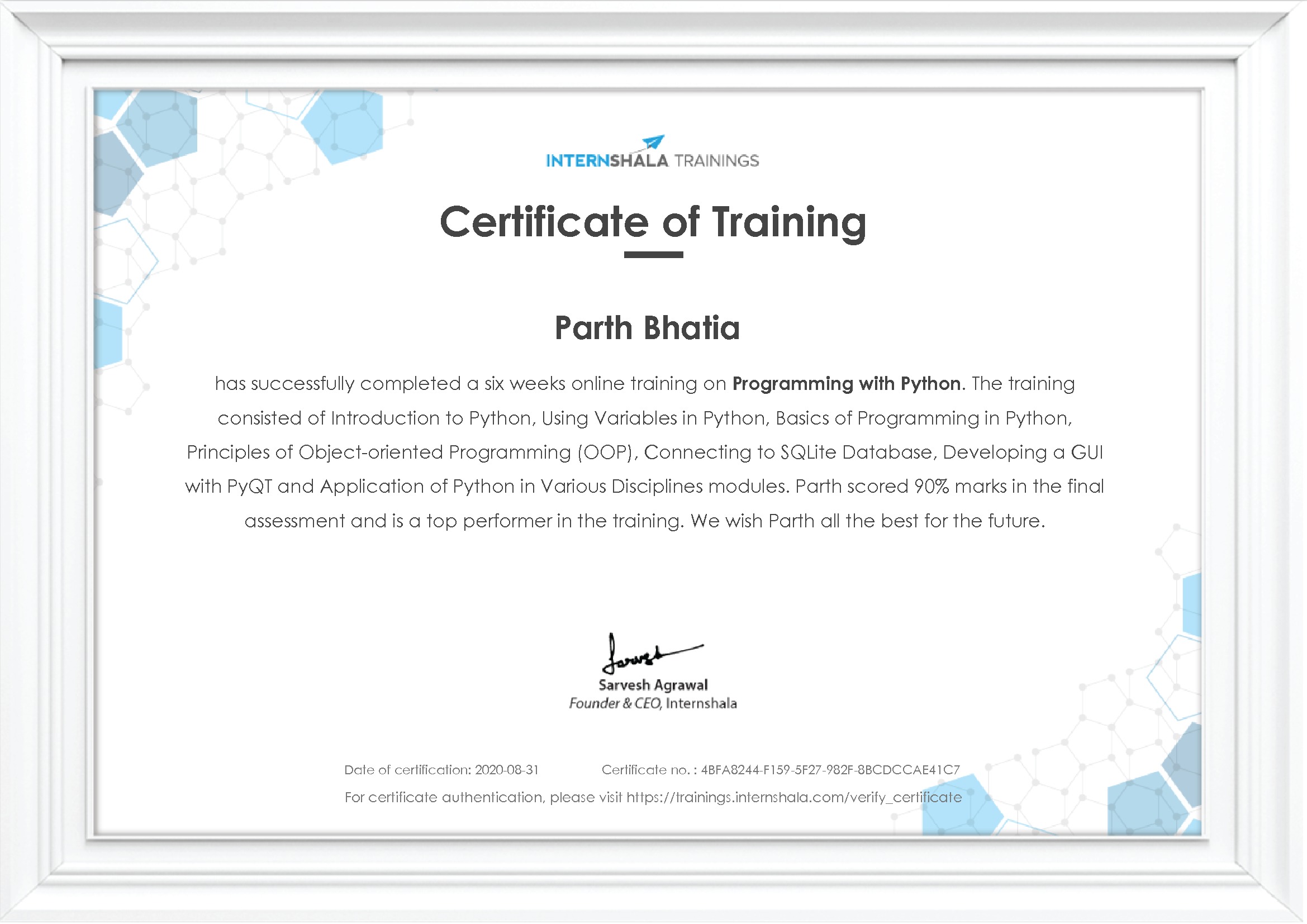 Certificate of completion