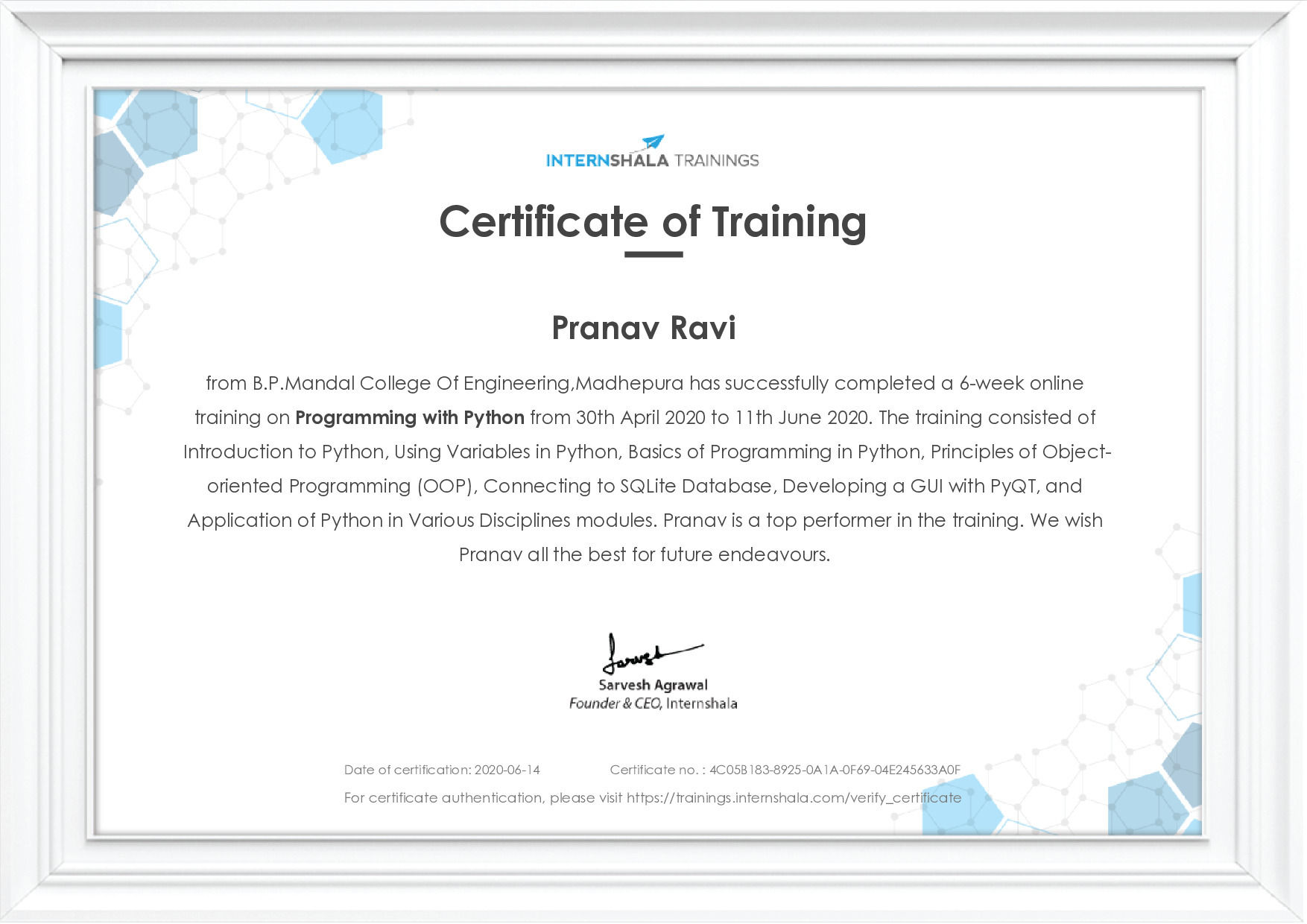 Certificate of completion