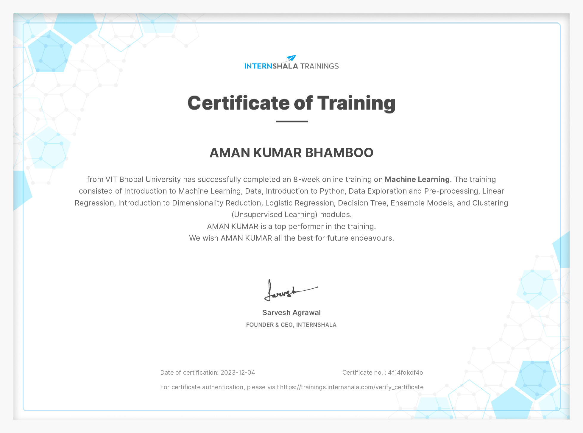 Certificate of completion