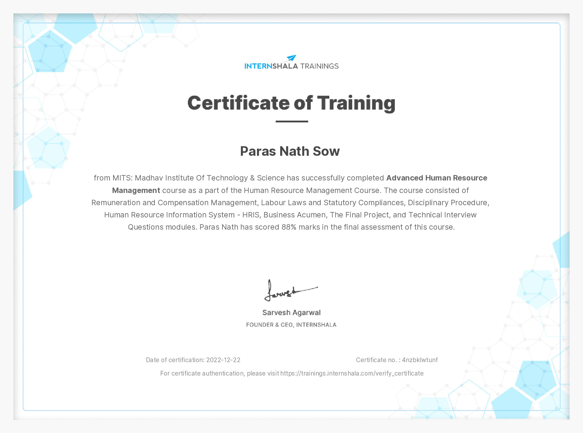 Certificate of completion