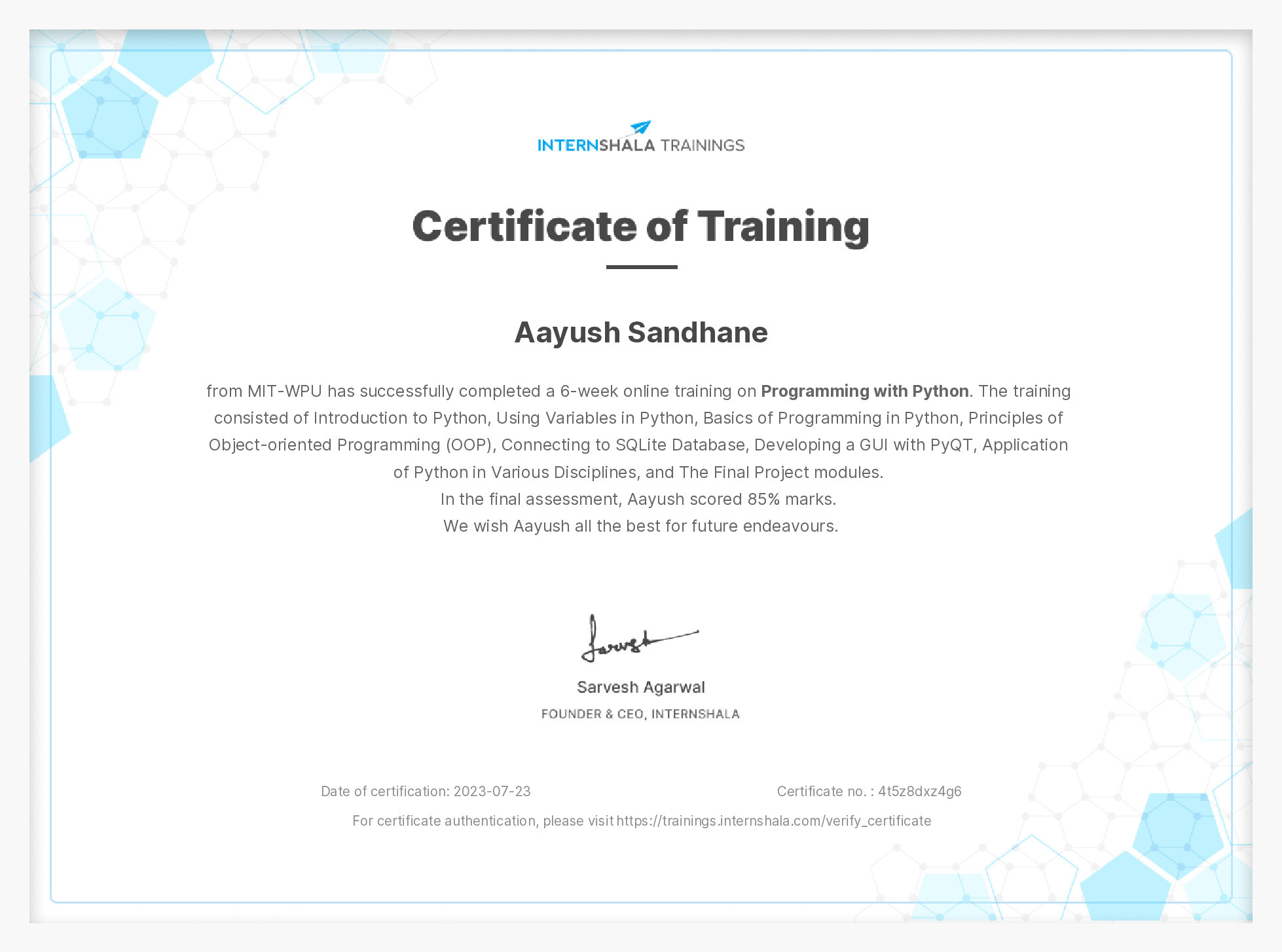 Certificate of completion