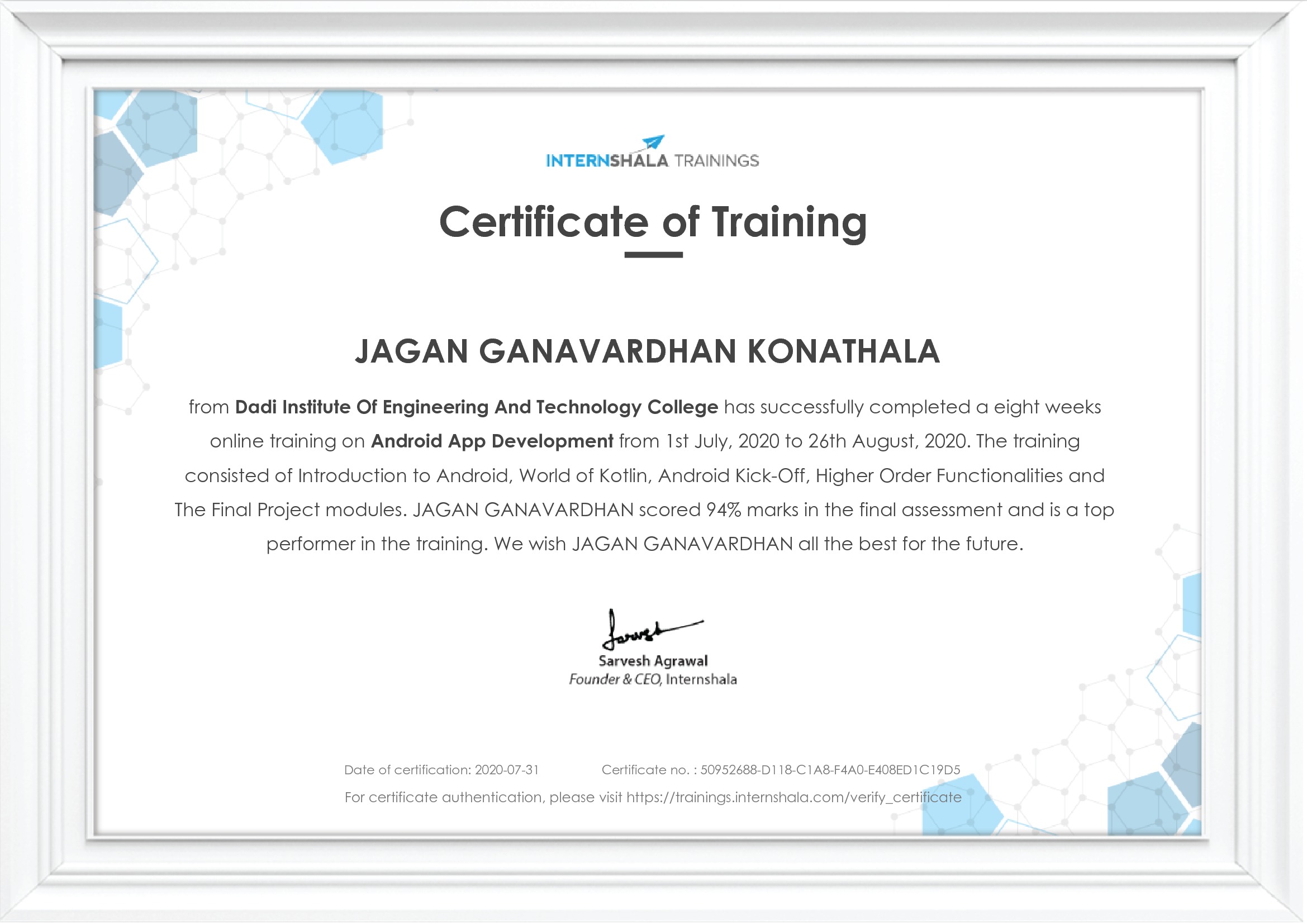 Certificate of completion
