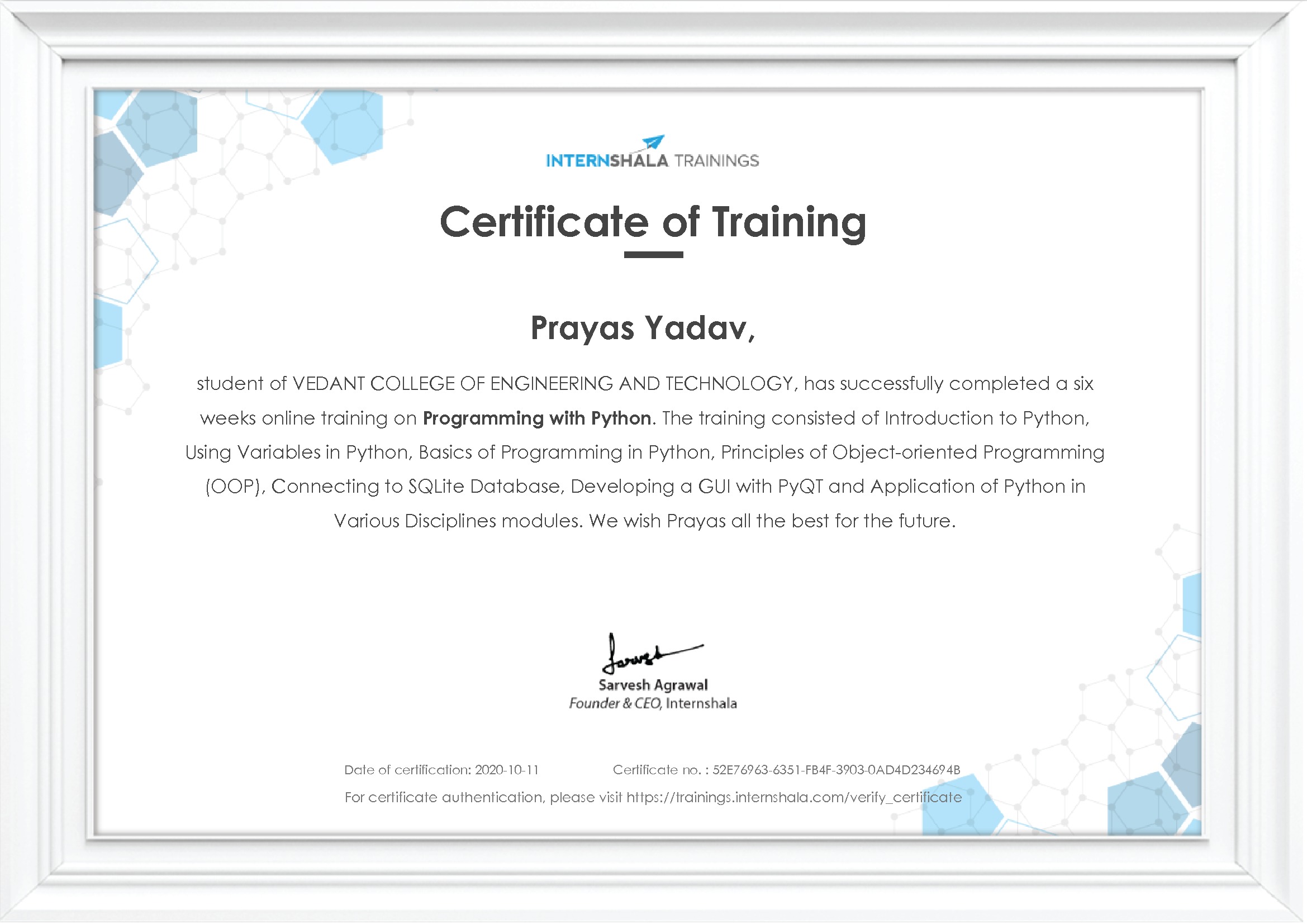 Certificate of completion