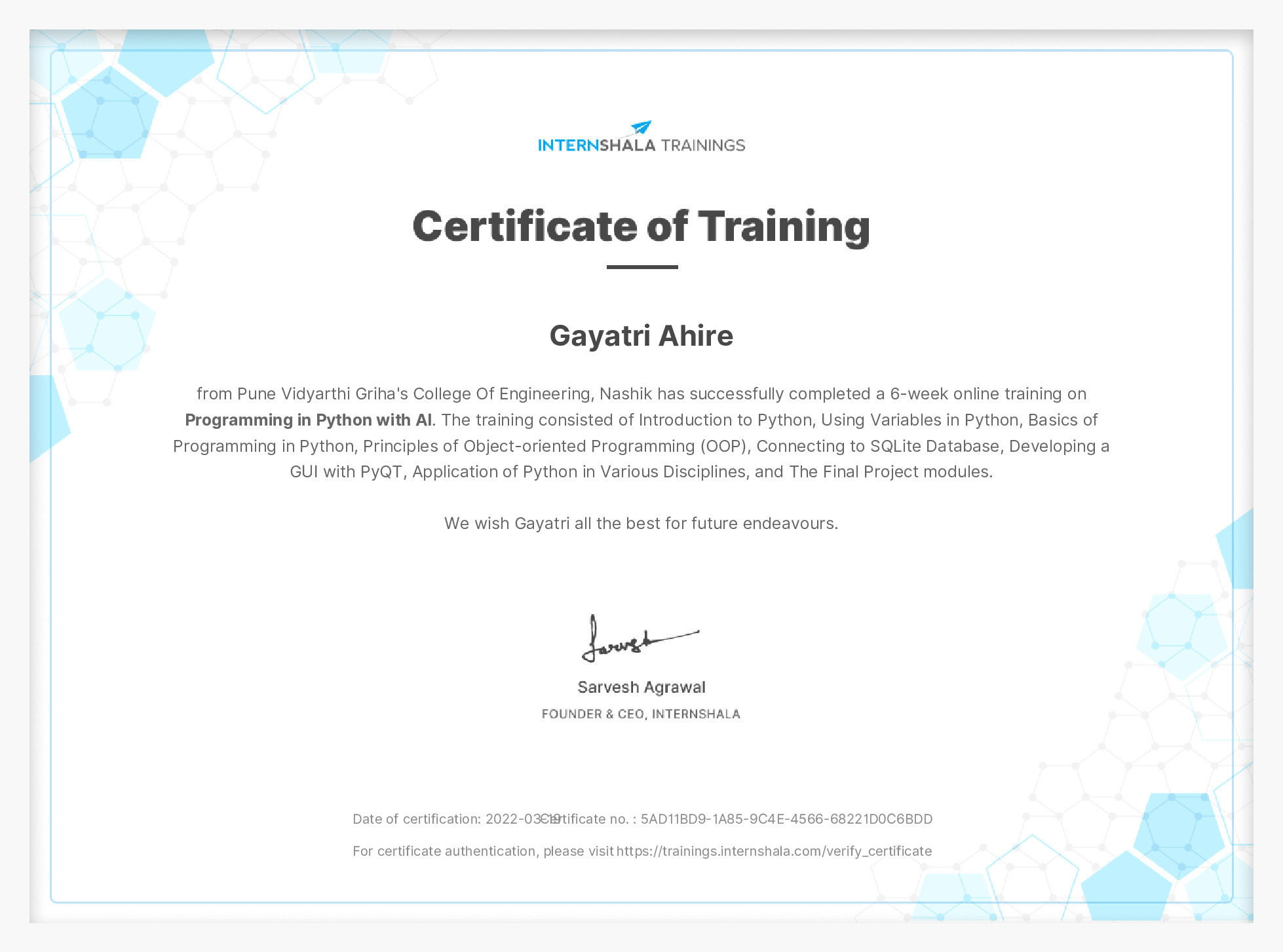 Certificate of completion