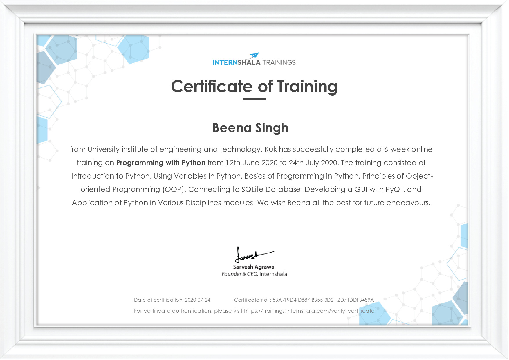 Certificate of completion