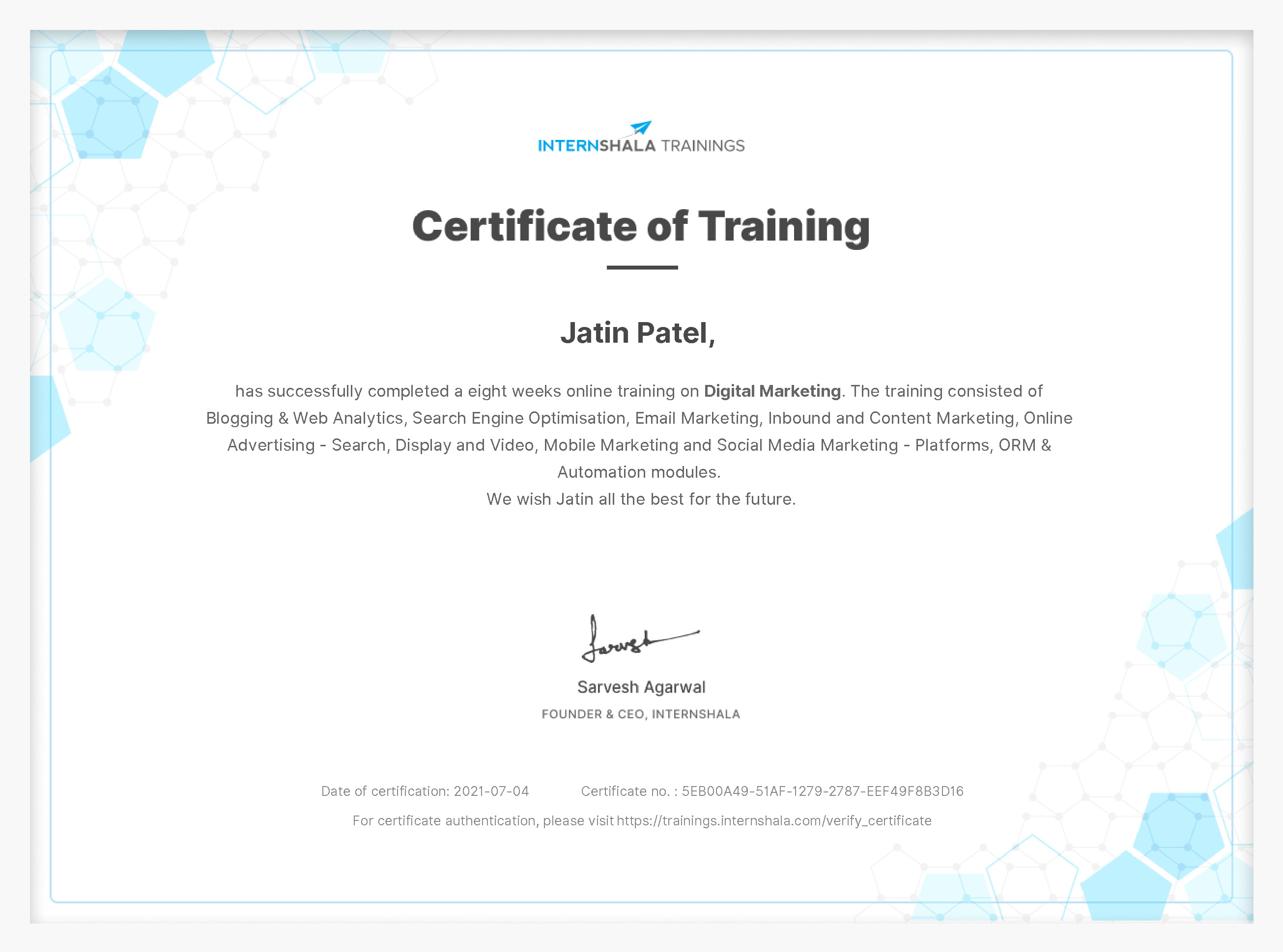 Certificate of completion