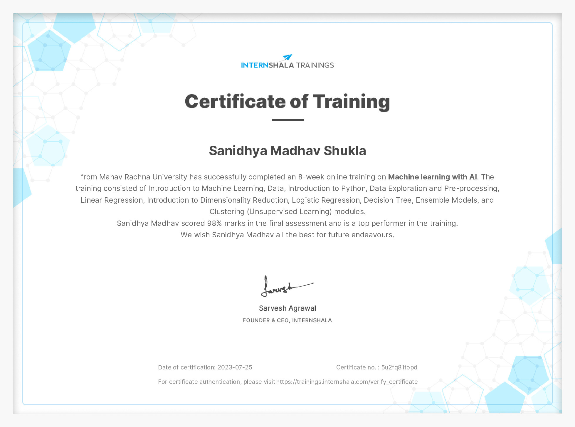 Certificate of completion