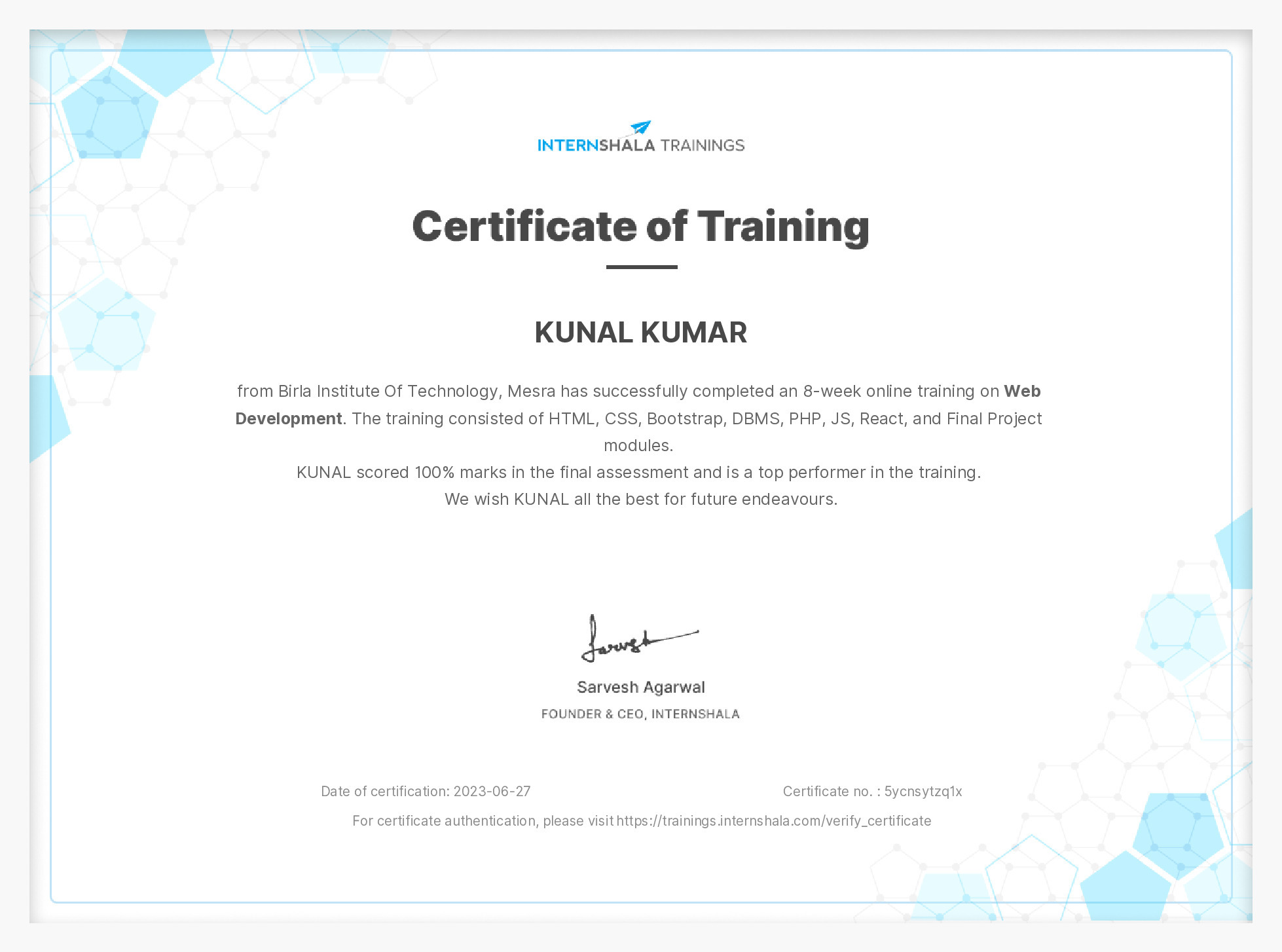 Certificate of completion