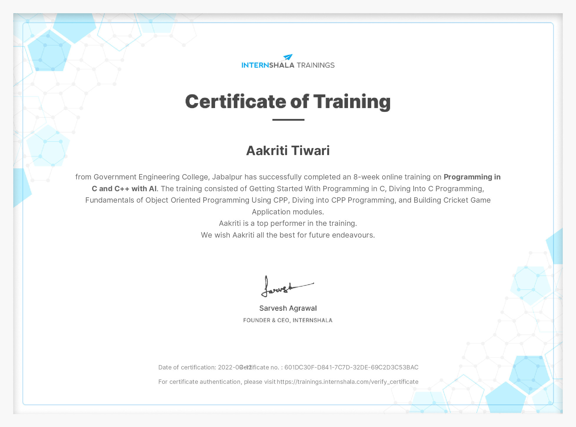 Certificate of completion